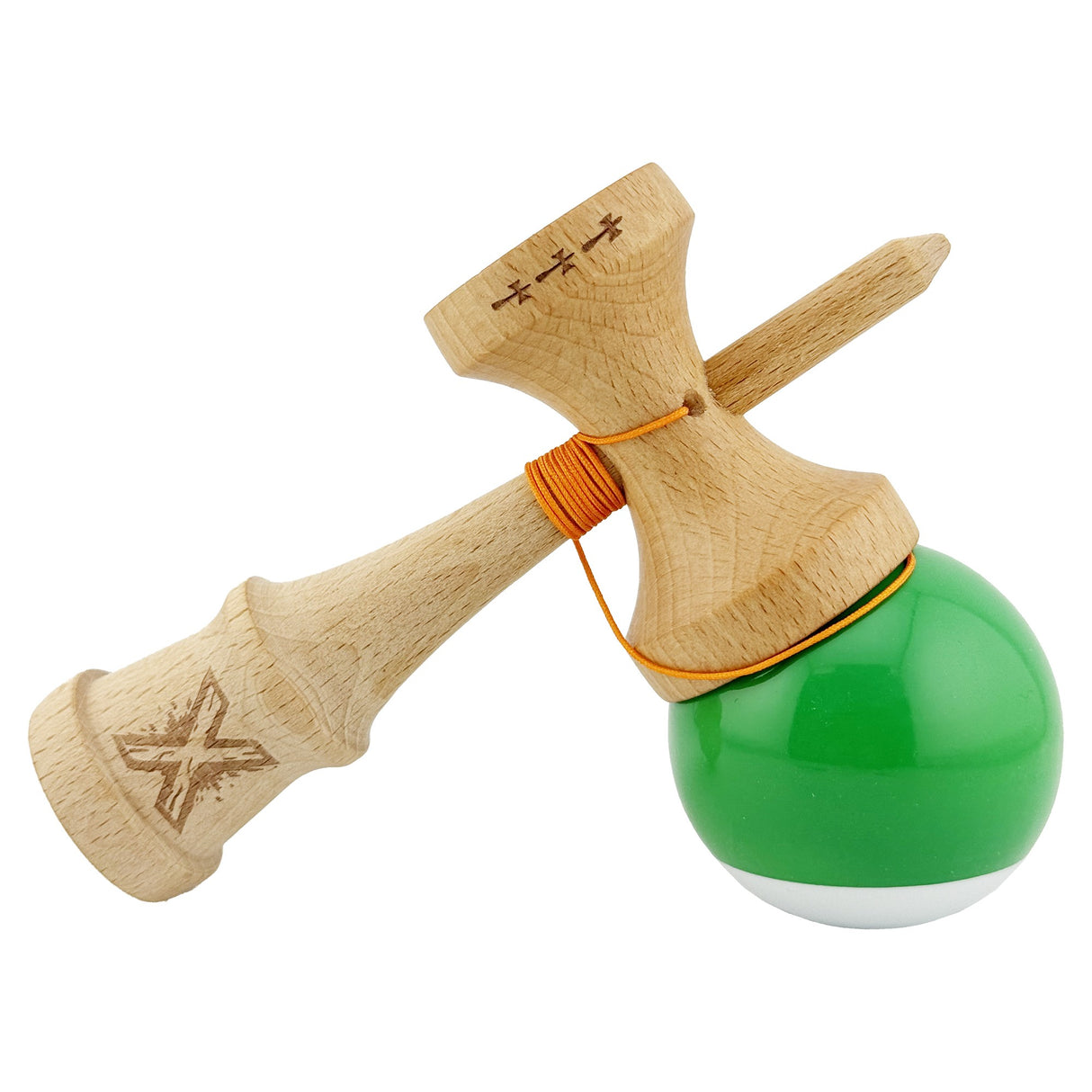 Kendama X Originala, Profesionala, Flippy, Big Cups V2, Super Sticky cu Cupe Mari, din lemn 18 cm, Rulment Metalic cu Ata 55 cm, Verde/Alb - vivimall.ro