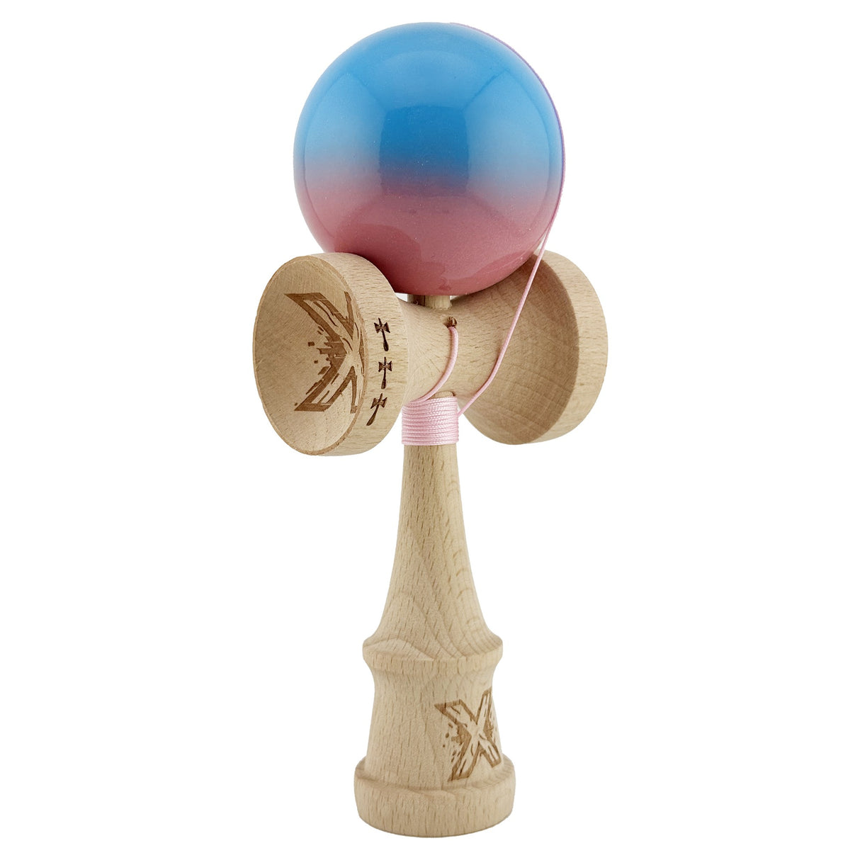 Kendama X Originala, Profesionala, Vivimall, Big Cups V2, Super Sticky, Rulment Metalic cu Ata 55 cm, Albastru/Roz - vivimall.ro