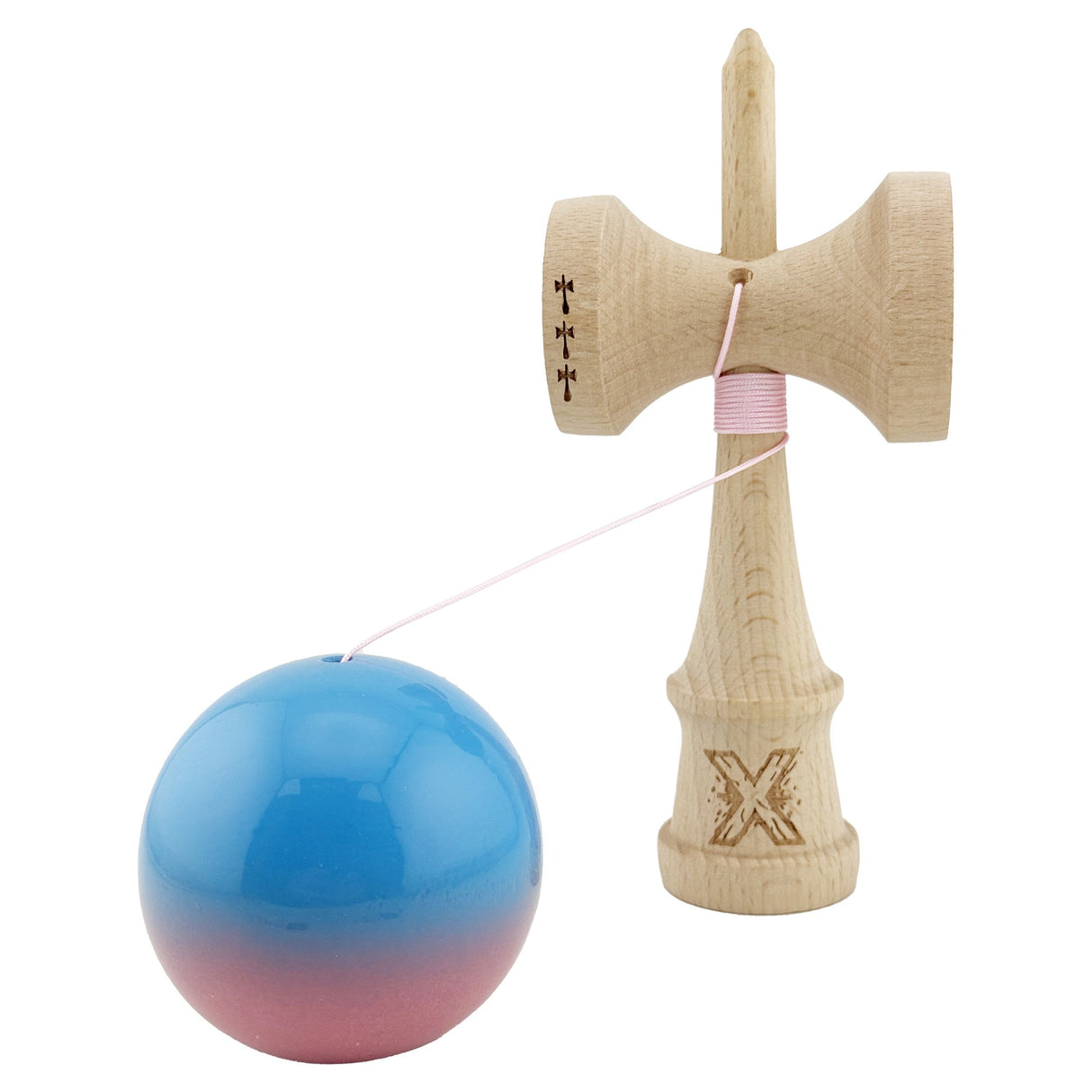 Kendama X Originala, Profesionala, Vivimall, Big Cups V2, Super Sticky, Rulment Metalic cu Ata 55 cm, Albastru/Roz - vivimall.ro