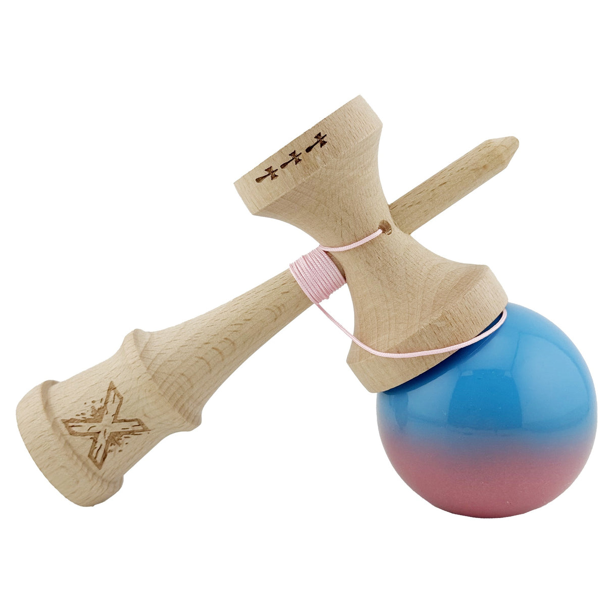 Kendama X Originala, Profesionala, Vivimall, Big Cups V2, Super Sticky, Rulment Metalic cu Ata 55 cm, Albastru/Roz - vivimall.ro