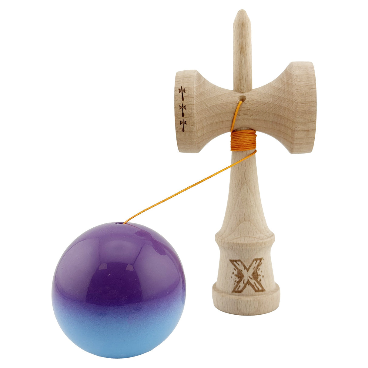 Kendama X Originala, Profesionala, Vivimall, Big Cups V2, Super Sticky, Rulment Metalic cu Ata 55 cm, Mov/Albastru - vivimall.ro
