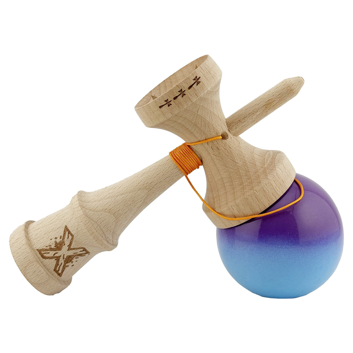 Kendama X Originala, Profesionala, Vivimall, Big Cups V2, Super Sticky, Rulment Metalic cu Ata 55 cm, Mov/Albastru - vivimall.ro