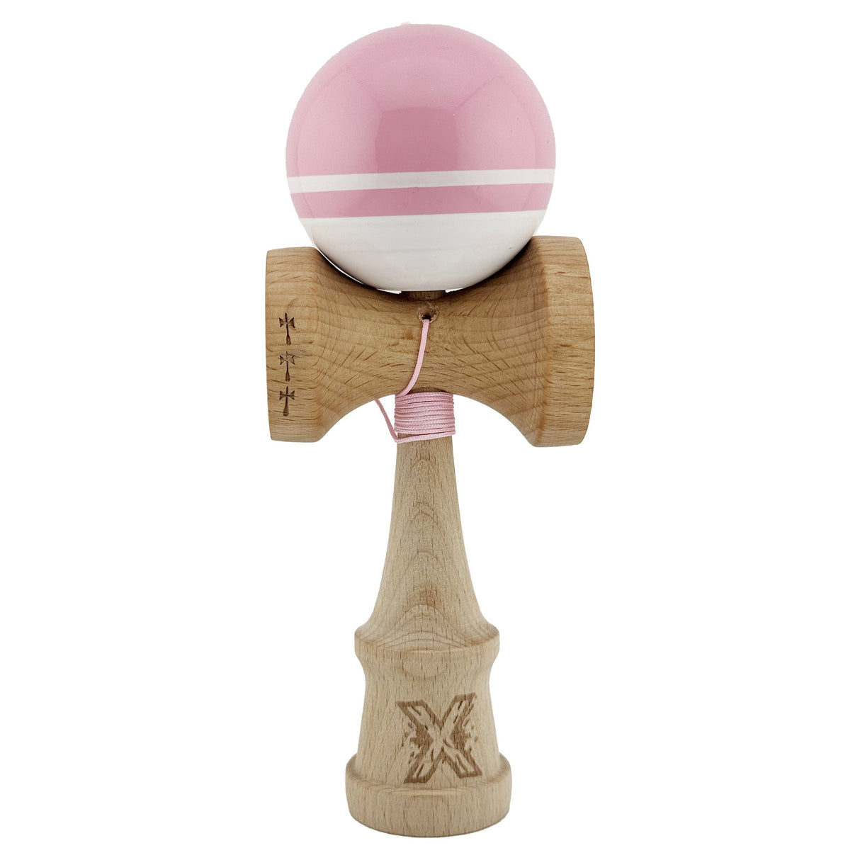 Kendama X Originala, Profesionala, Flippy, Big Cups V2, Super Sticky cu Cupe Mari, din lemn 18 cm, Rulment Metalic cu Ata 55 cm, Roz/Alb - vivimall.ro