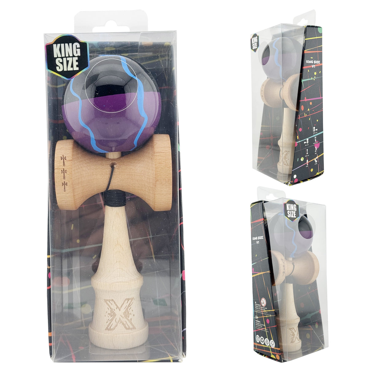 Kendama X Originala, Profesionala, Vivimall, Big Cups V2, Super Sticky cu Cupe Mari, Rulment Metalic, din lemn 18 cm, Ata 55 cm, Negru/Mov - vivimall.ro