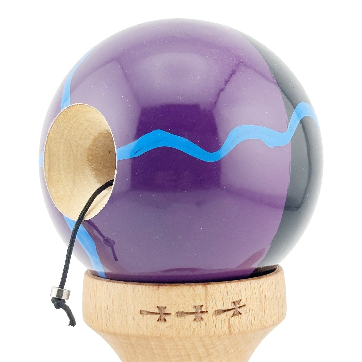 Kendama X Originala, Profesionala, Vivimall, Big Cups V2, Super Sticky cu Cupe Mari, Rulment Metalic, din lemn 18 cm, Ata 55 cm, Negru/Mov - vivimall.ro