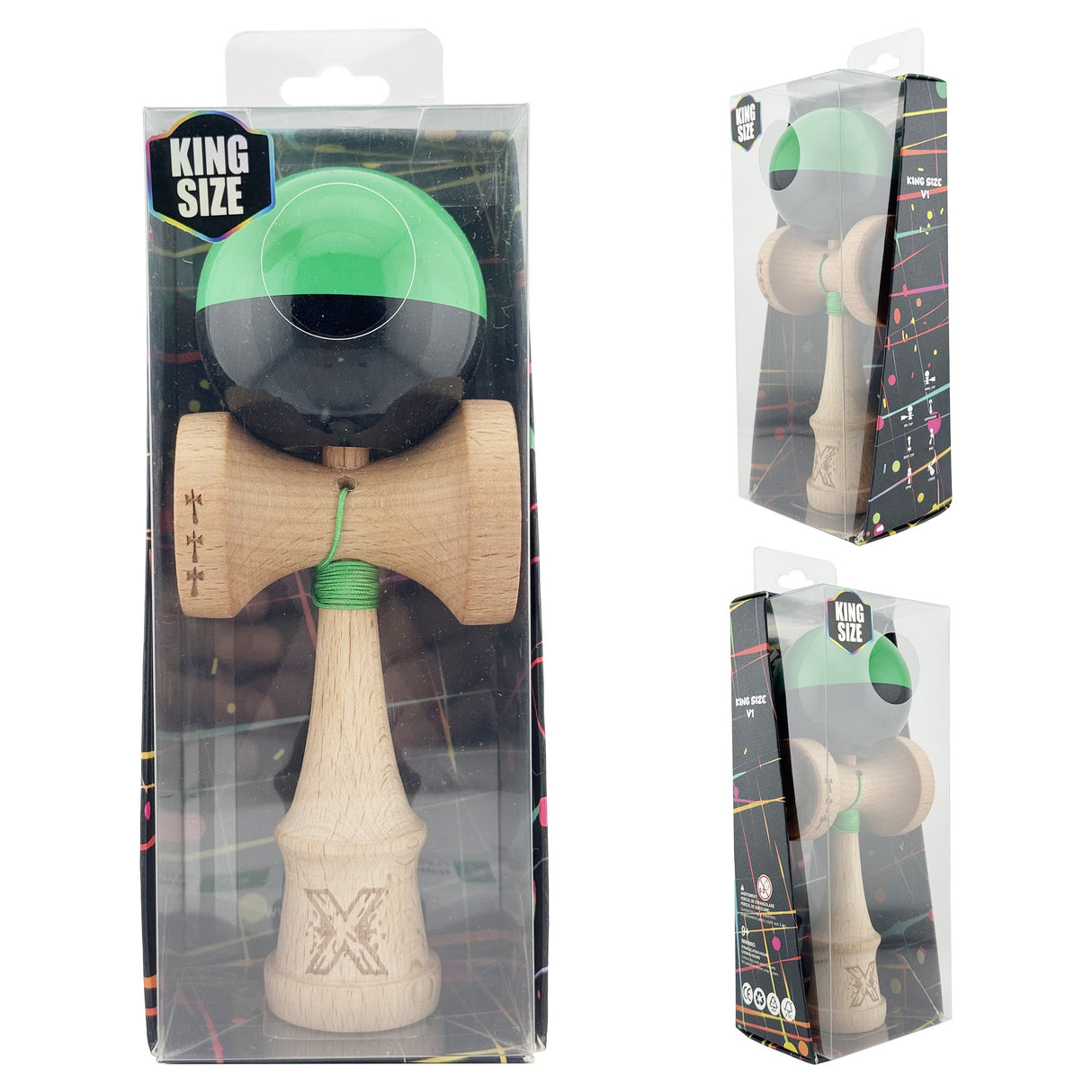 Kendama X Originala, Profesionala, Vivimall, Big Cups V2, Super Sticky cu Cupe Mari, Rulment Metalic, din lemn 18 cm, Ata 55 cm, Verde/Negru - vivimall.ro