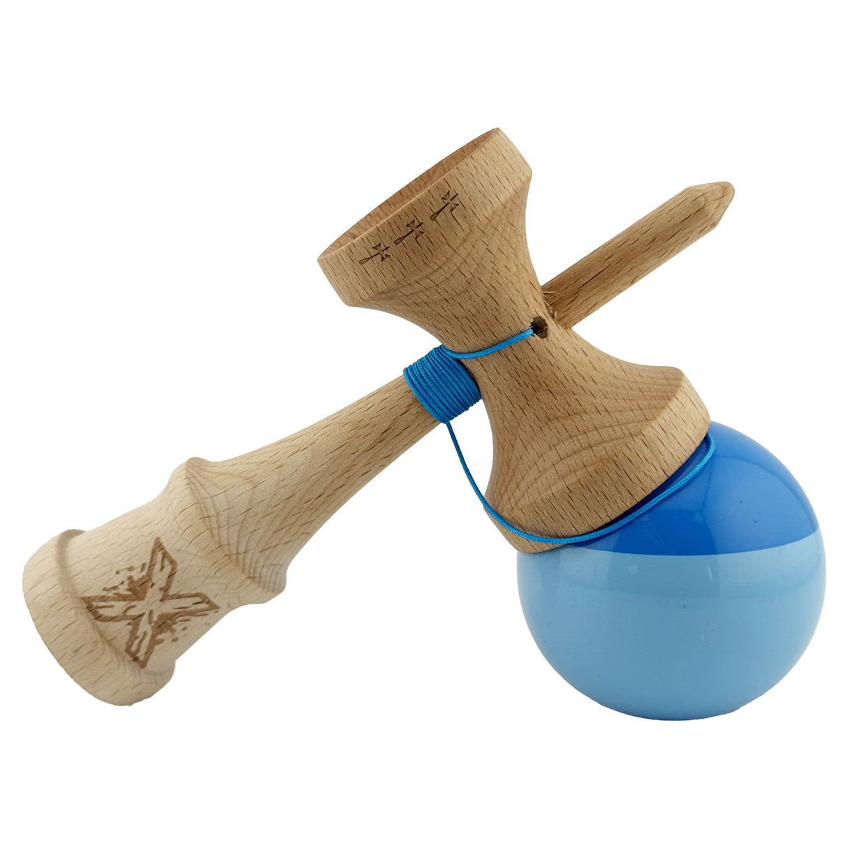 Kendama X Originala, Profesionala, Vivimall, Big Cups V2, Super Sticky cu Cupe Mari, Rulment Metalic, din lemn 18 cm, Ata 55 cm, Albastru/Bleu - vivimall.ro