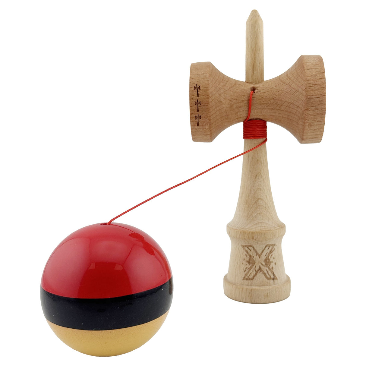 Kendama X Originala, Profesionala, Vivimall, Big Cups V2, Super Sticky, Rulment Metalic cu Ata 55 cm, rosu/negru/galben - vivimall.ro