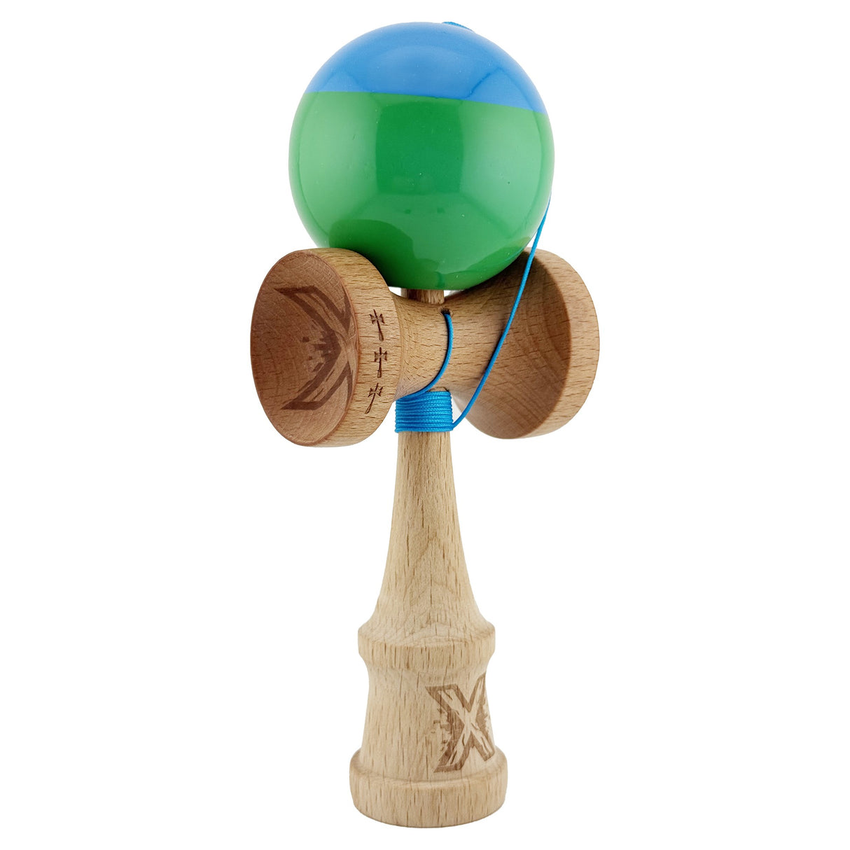 Kendama X Originala, Profesionala, Vivimall, Big Cups V2, Super Sticky cu Cupe Mari, Rulment Metalic, din lemn 18 cm, Ata 55 cm, Albastru/Verde - vivimall.ro