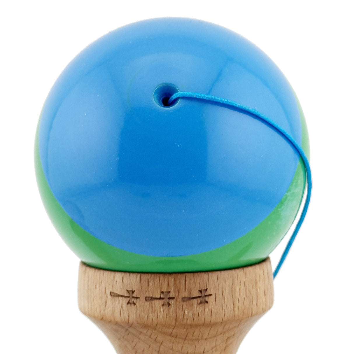 Kendama X Originala, Profesionala, Flippy, Big Cups V2, Super Sticky cu Cupe Mari, Rulment Metalic, din lemn 18 cm, Ata 55 cm, Albastru/Verde