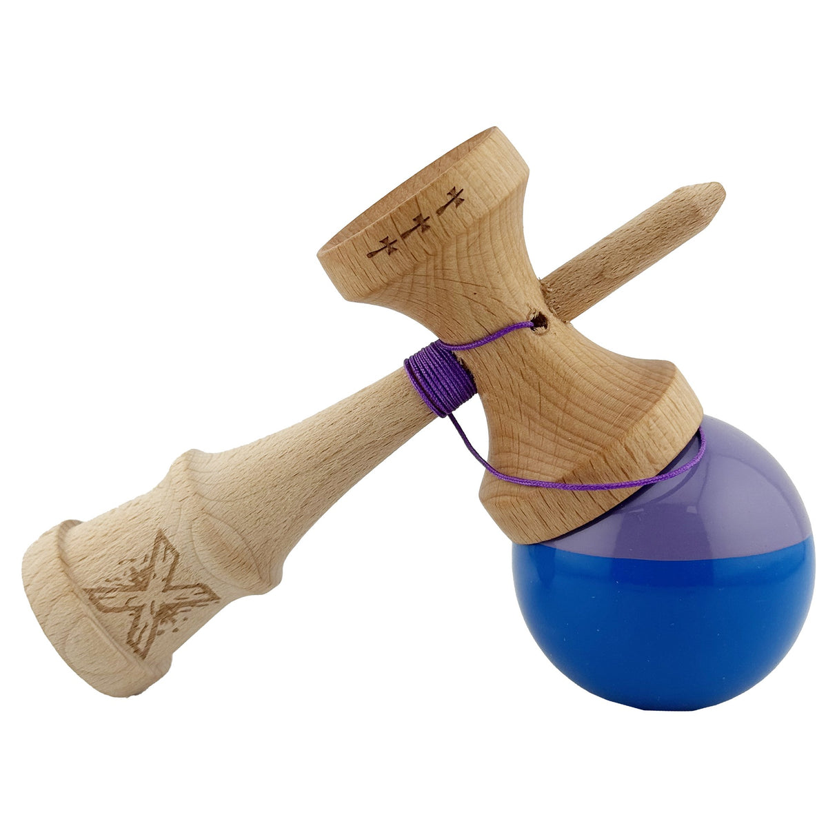Kendama X Originala, Profesionala, Vivimall, Big Cups V2, Super Sticky cu Cupe Mari, Rulment Metalic, din lemn 18 cm, Ata 55 cm, Mov/Albastru - vivimall.ro