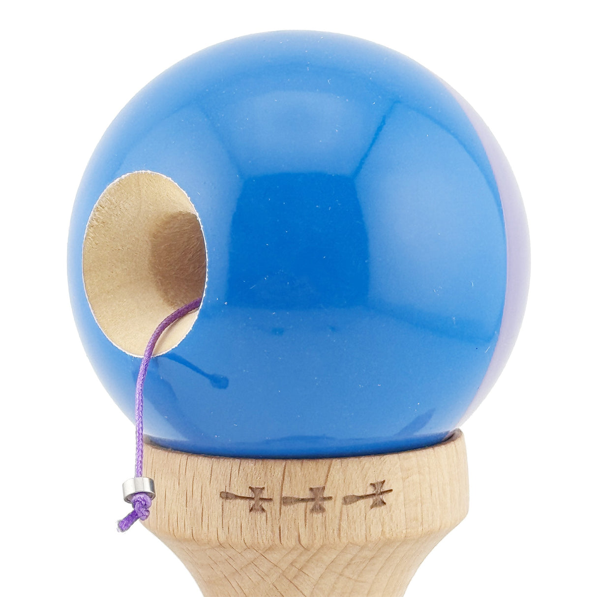 Kendama X Originala, Profesionala, Vivimall, Big Cups V2, Super Sticky cu Cupe Mari, Rulment Metalic, din lemn 18 cm, Ata 55 cm, Mov/Albastru - vivimall.ro