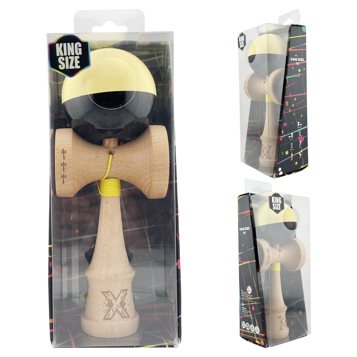 Kendama X Originala, Profesionala, Vivimall, Big Cups V2, Super Sticky cu Cupe Mari, Rulment Metalic, din lemn 18 cm, Ata 55 cm, Galben/Negru - vivimall.ro