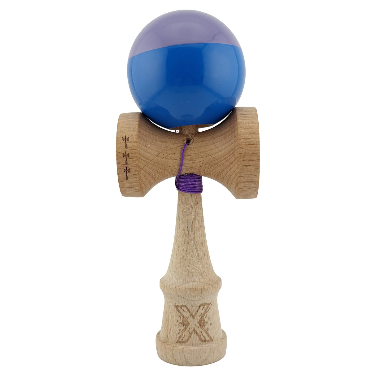 Kendama X Originala, Profesionala, Flippy, Big Cups V2, Super Sticky cu Cupe Mari, Rulment Metalic, din lemn 18 cm, Ata 55 cm, Mov/Albastru