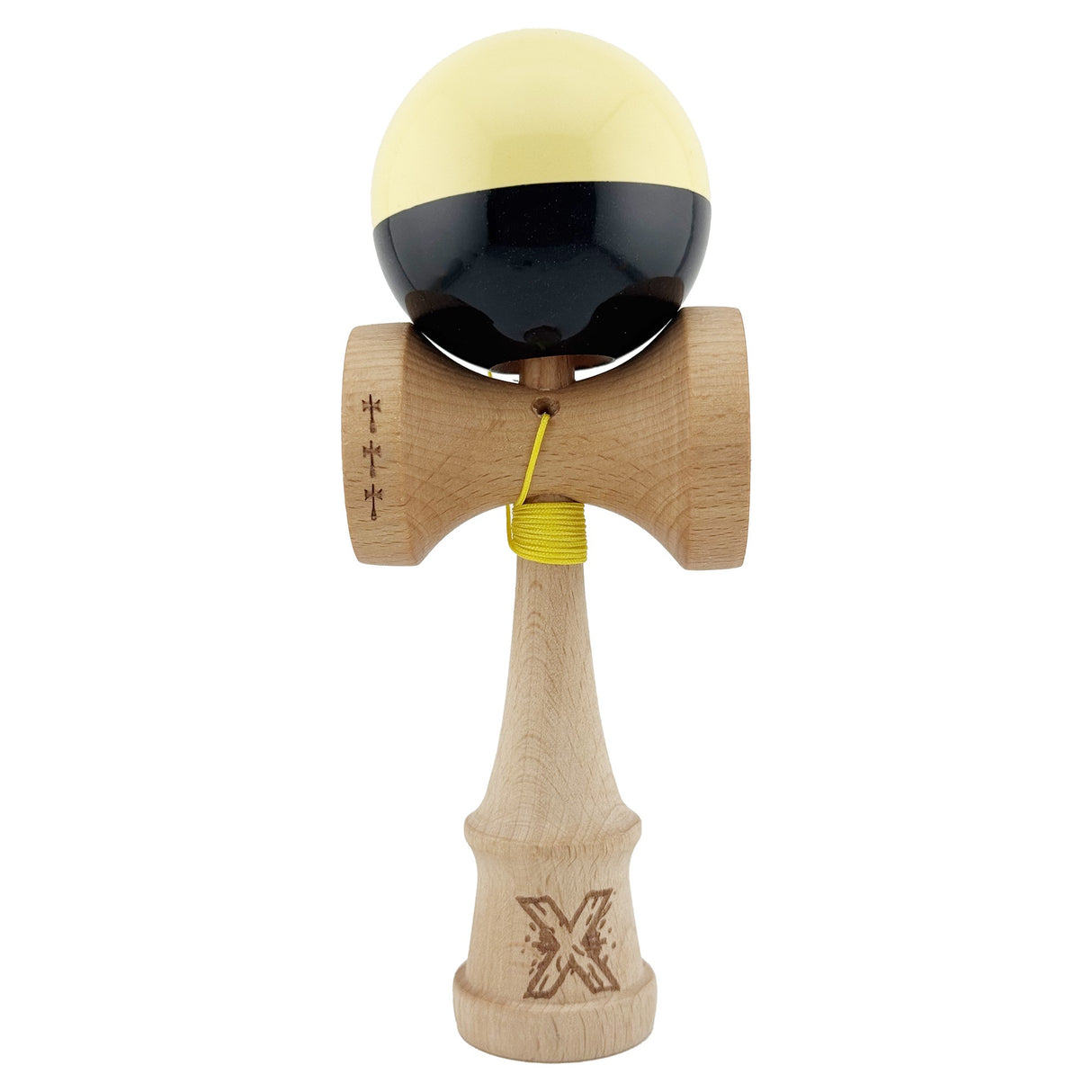 Kendama X Originala, Profesionala, Flippy, Big Cups V2, Super Sticky cu Cupe Mari, Rulment Metalic, din lemn 18 cm, Ata 55 cm, Galben/Negru