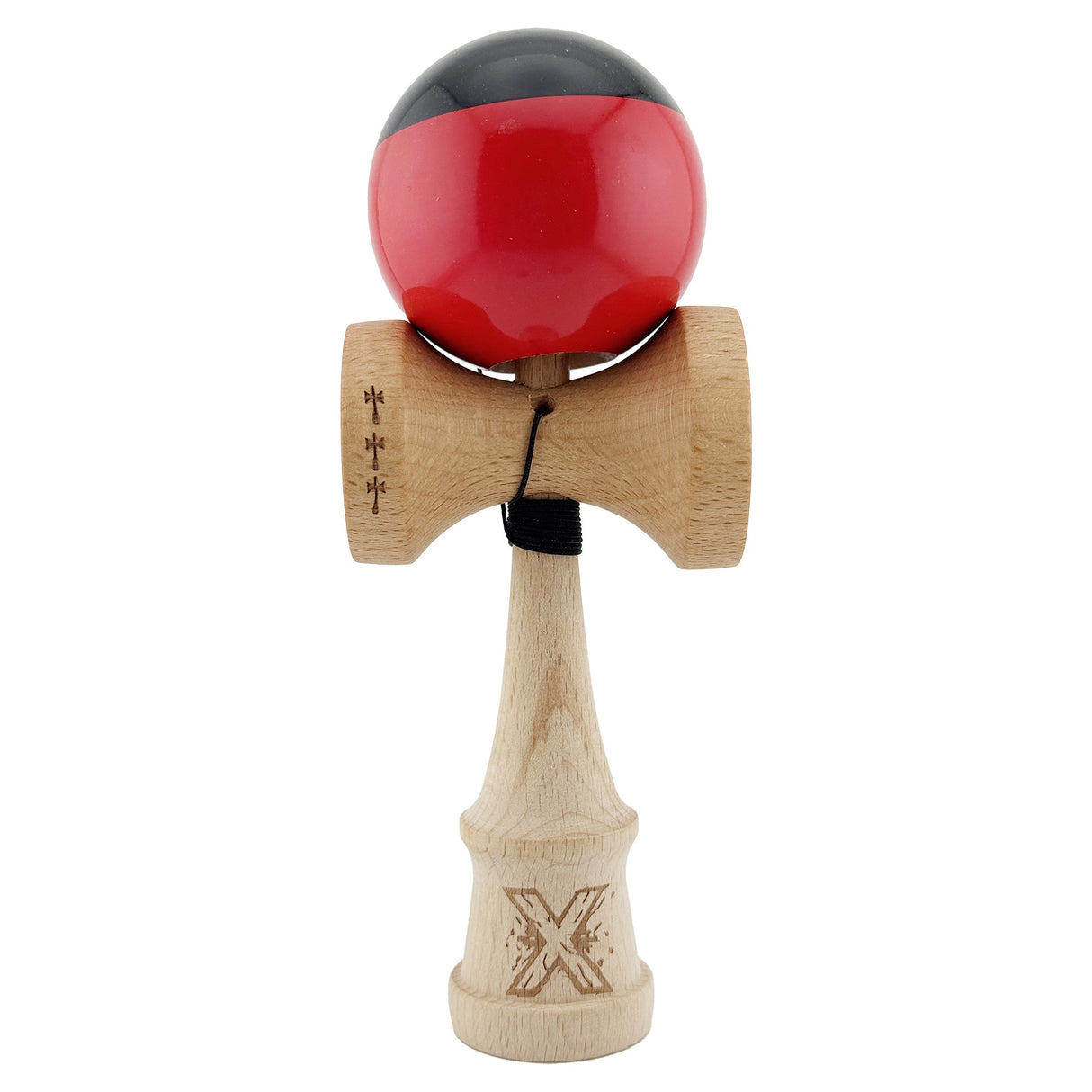 Kendama X Originala, Profesionala, Vivimall, Big Cups V2, Super Sticky cu Cupe Mari, Rulment Metalic, din lemn 18 cm, Ata 55 cm, Negru/Rosu