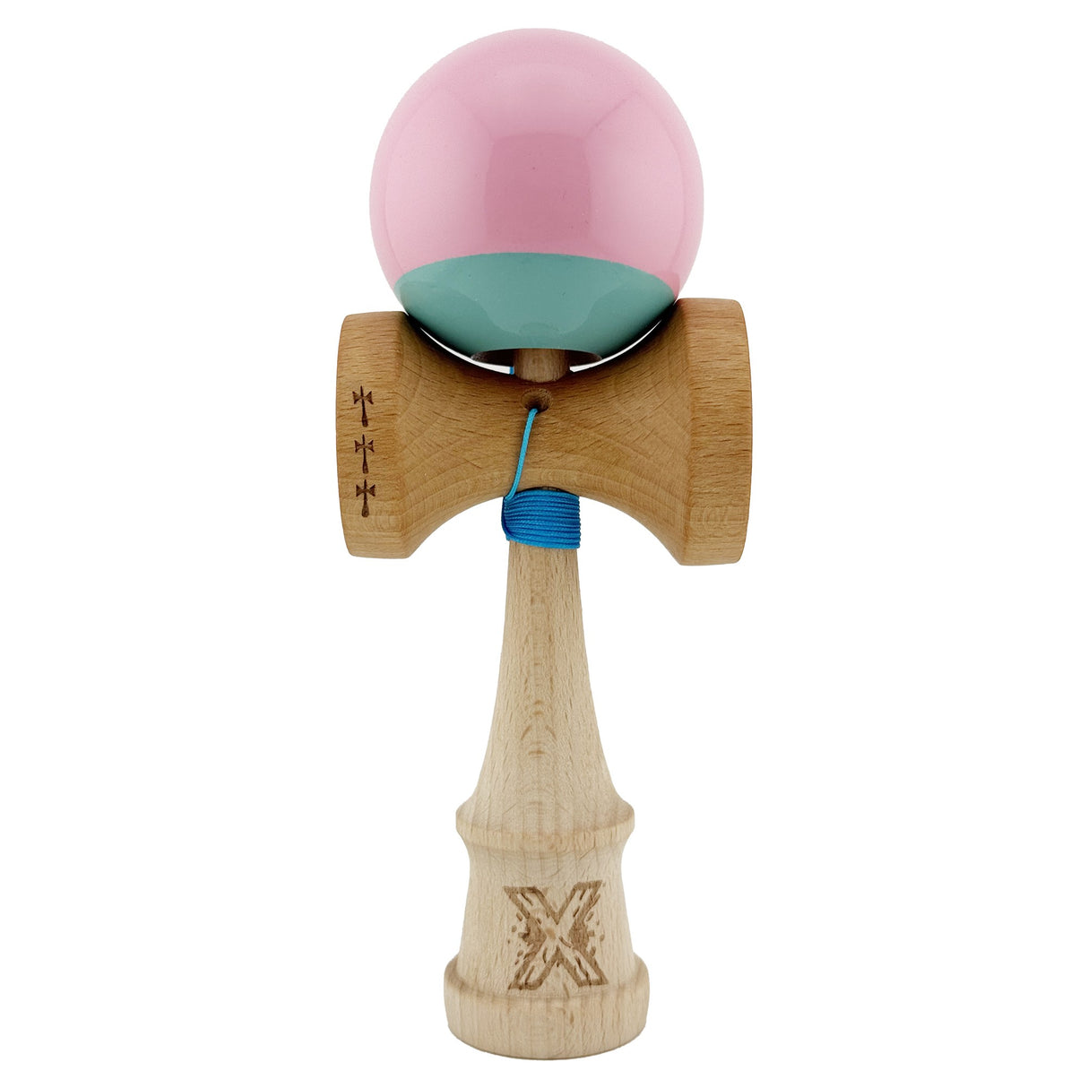 Kendama X Originala, Profesionala, Vivimall, Big Cups V2, Super Sticky Cupe Mari, Rulment Metalic cu Ata 55 cm, Roz/Verde - vivimall.ro
