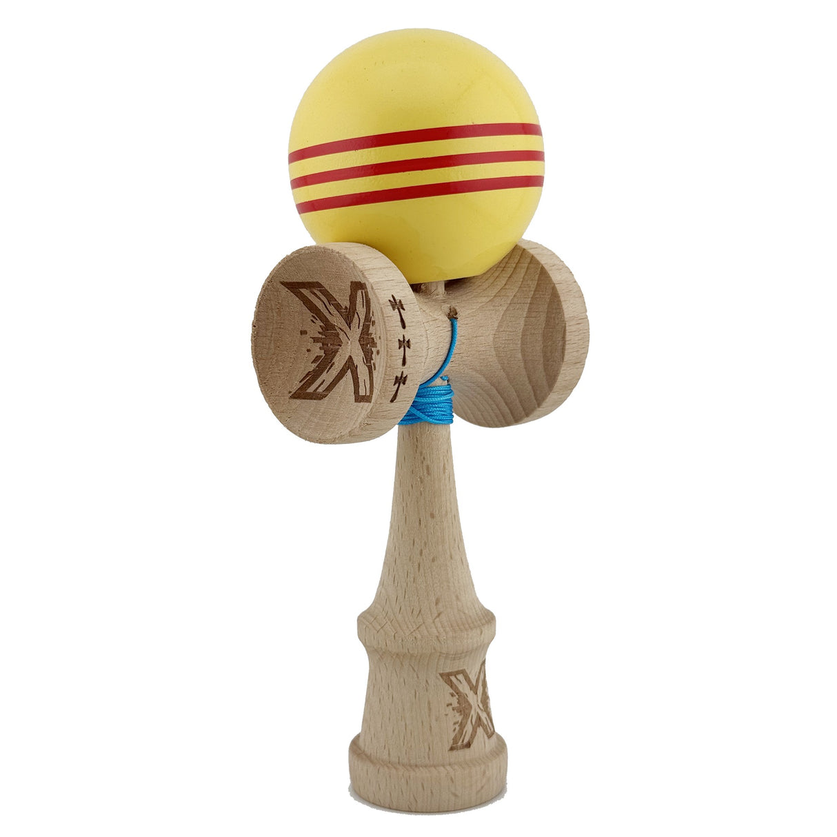 Kendama X Originala, Profesionala, Flippy, Big Cups V2, Super Sticky Legendary Cupe Mari, Rulment Metalic cu Ata 55 cm,-Galben/Linii Rosii - vivimall.ro