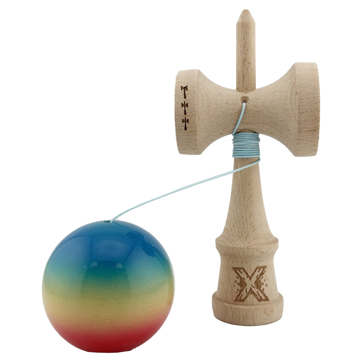 Kendama X Originala, Profesionala, Flippy, Big Cups V2, Super Sticky Cupe Mari, Rulment Metalic cu Ata 55 cm, Rosu/Galben/Albastru - vivimall.ro