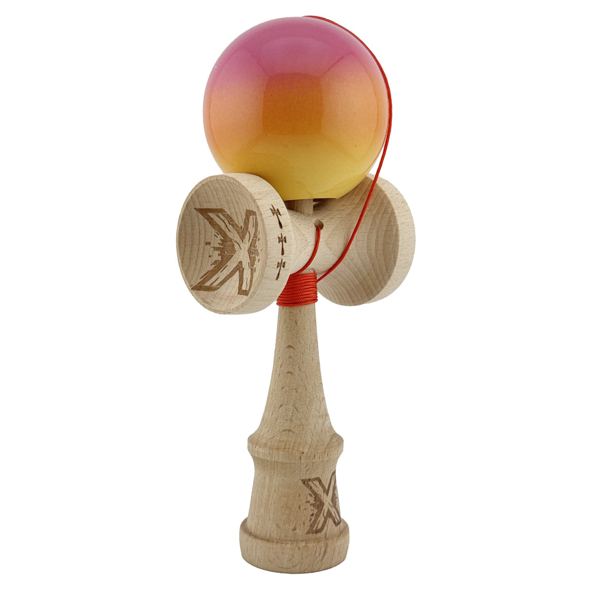 Kendama X Originala, Profesionala, Flippy, Big Cups V2, Super Sticky Cupe Mari, Rulment Metalic cu Ata 55 cm, Roz/Portocaliu/Galben - vivimall.ro