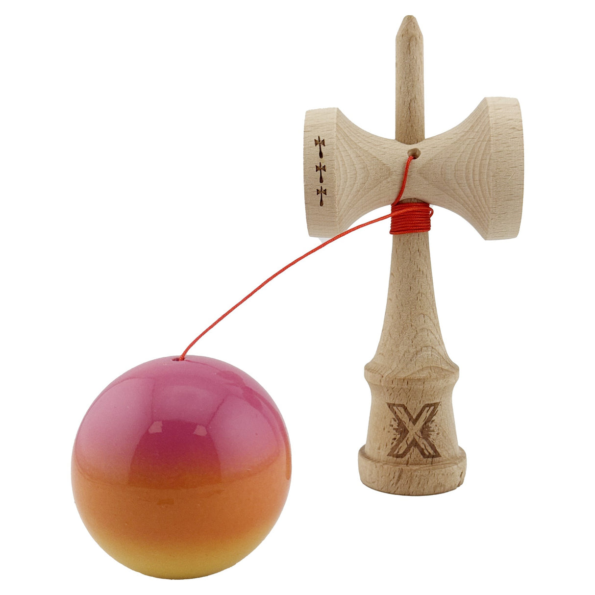 Kendama X Originala, Profesionala, Flippy, Big Cups V2, Super Sticky Cupe Mari, Rulment Metalic cu Ata 55 cm, Roz/Portocaliu/Galben - vivimall.ro
