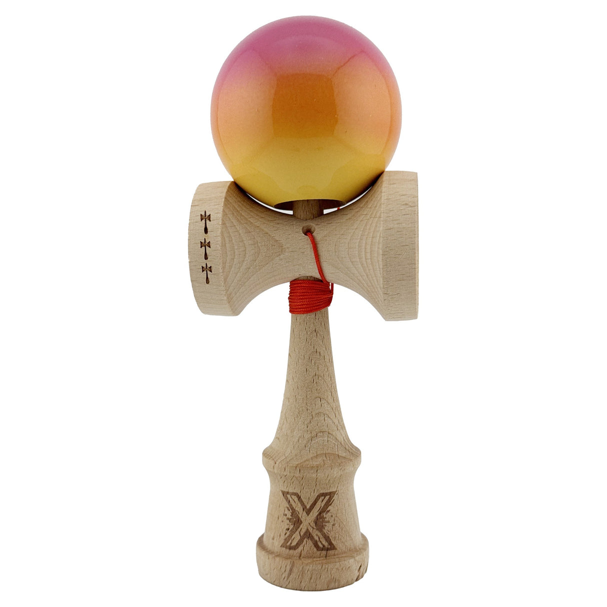 Kendama X Originala, Profesionala, Flippy, Big Cups V2, Super Sticky Cupe Mari, Rulment Metalic cu Ata 55 cm, Roz/Portocaliu/Galben - vivimall.ro