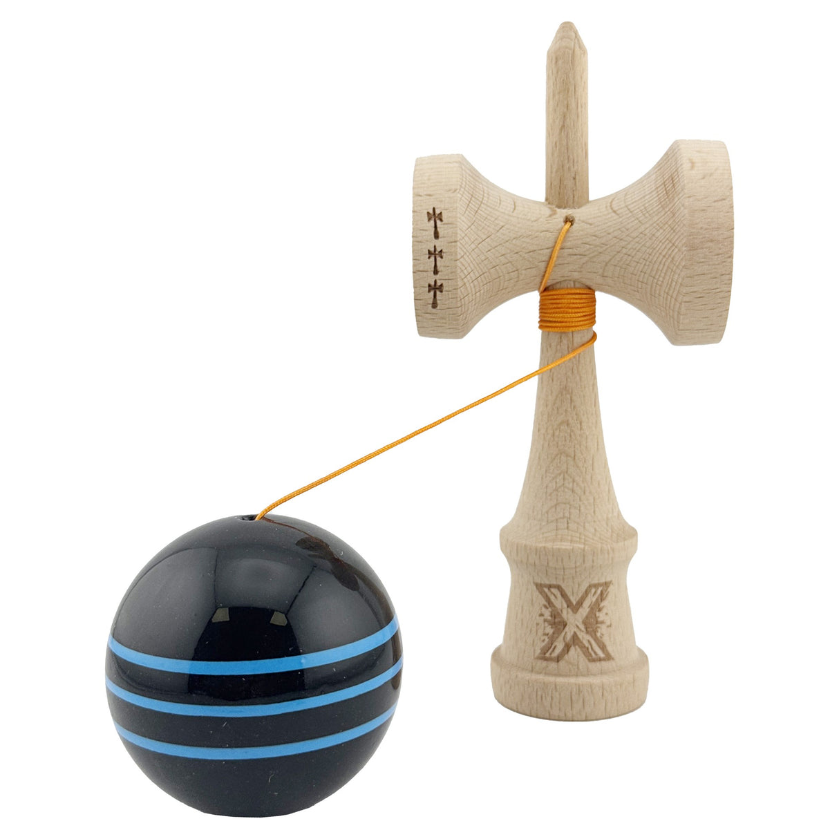 Kendama X Originala, Profesionala, Flippy, Big Cups V2, Super Sticky Legendary Cupe Mari, Rulment Metalic cu Ata 55 cm, Negru/Linii Albastre deschise - vivimall.ro