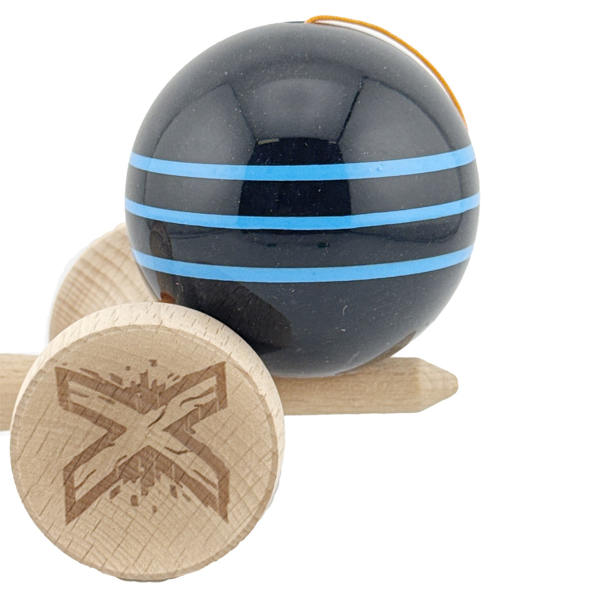 Kendama X Originala, Profesionala, Flippy, Big Cups V2, Super Sticky Legendary Cupe Mari, Rulment Metalic cu Ata 55 cm, Negru/Linii Albastre deschise - vivimall.ro