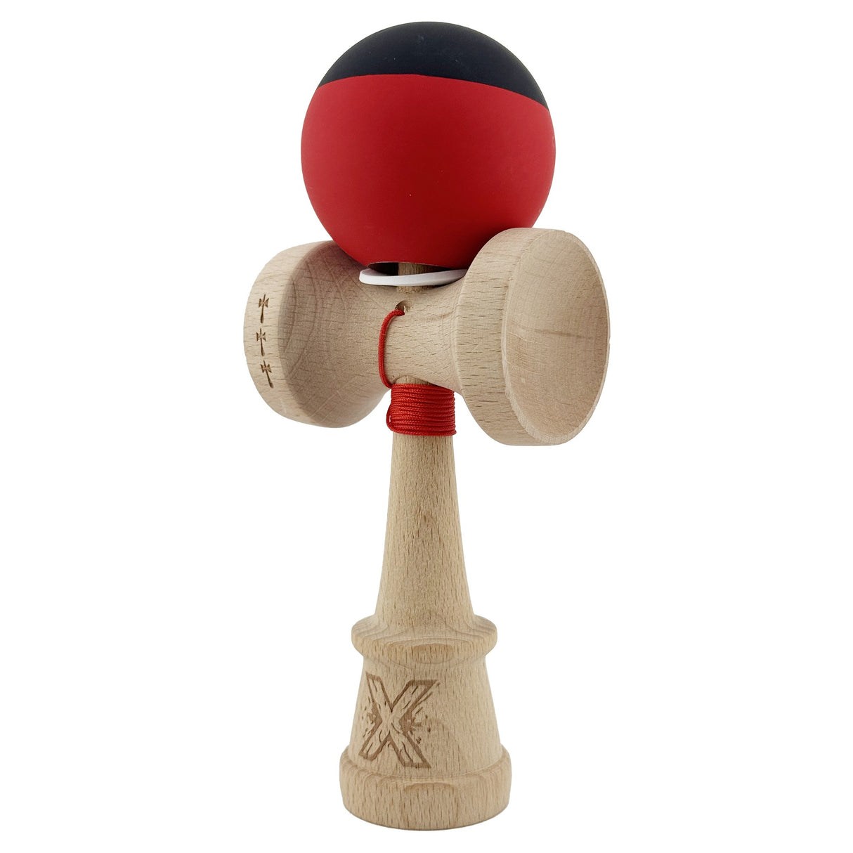 Kendama X Originala, Profesionala, Vivimall, Cupe Mari KING SIZE V3, Rubber Grip, Gaura in Baza, Rulment Metalic, din lemn 18 cm, Ata 55 cm, Bicolor Negru/Rosu - vivimall.ro
