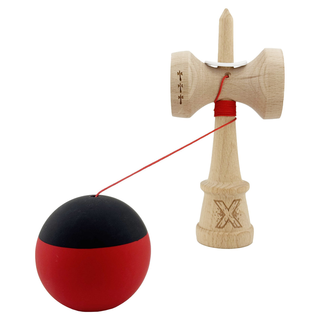 Kendama X Originala, Profesionala, Vivimall, Cupe Mari KING SIZE V3, Rubber Grip, Gaura in Baza, Rulment Metalic, din lemn 18 cm, Ata 55 cm, Bicolor Negru/Rosu - vivimall.ro