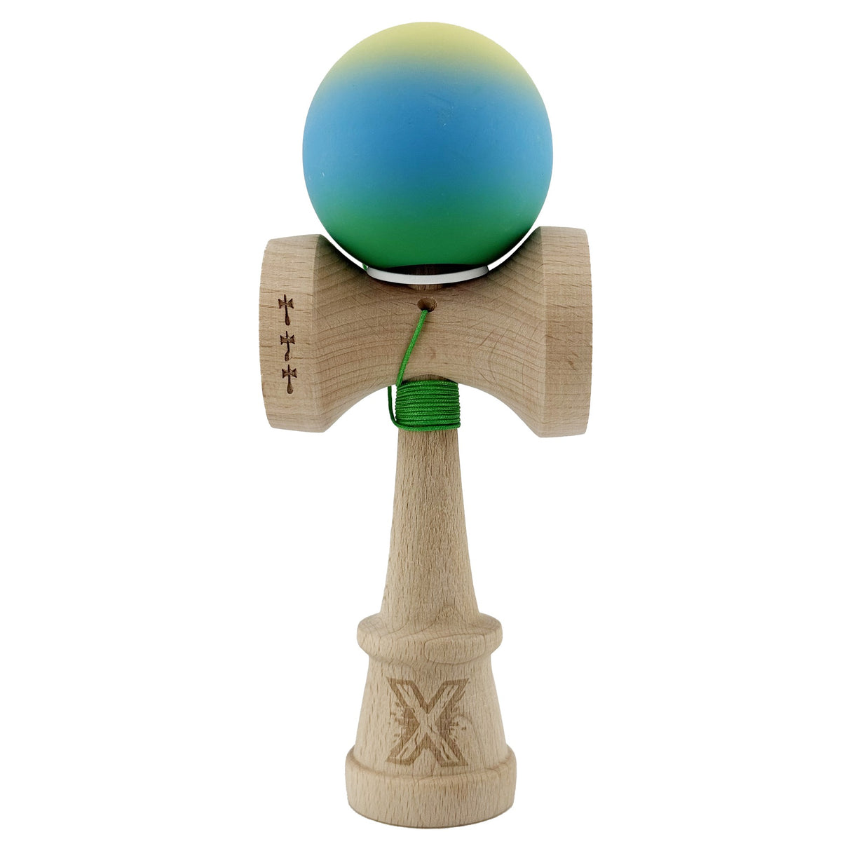 Kendama X Originala, Profesionala, Vivimall, Cupe Mari KING SIZE V3, Rubber Grip, Gaura in Baza, Rulment Metalic, din lemn 18 cm, Ata 55 cm, Gradient Galben/Albastru/Verde - vivimall.ro
