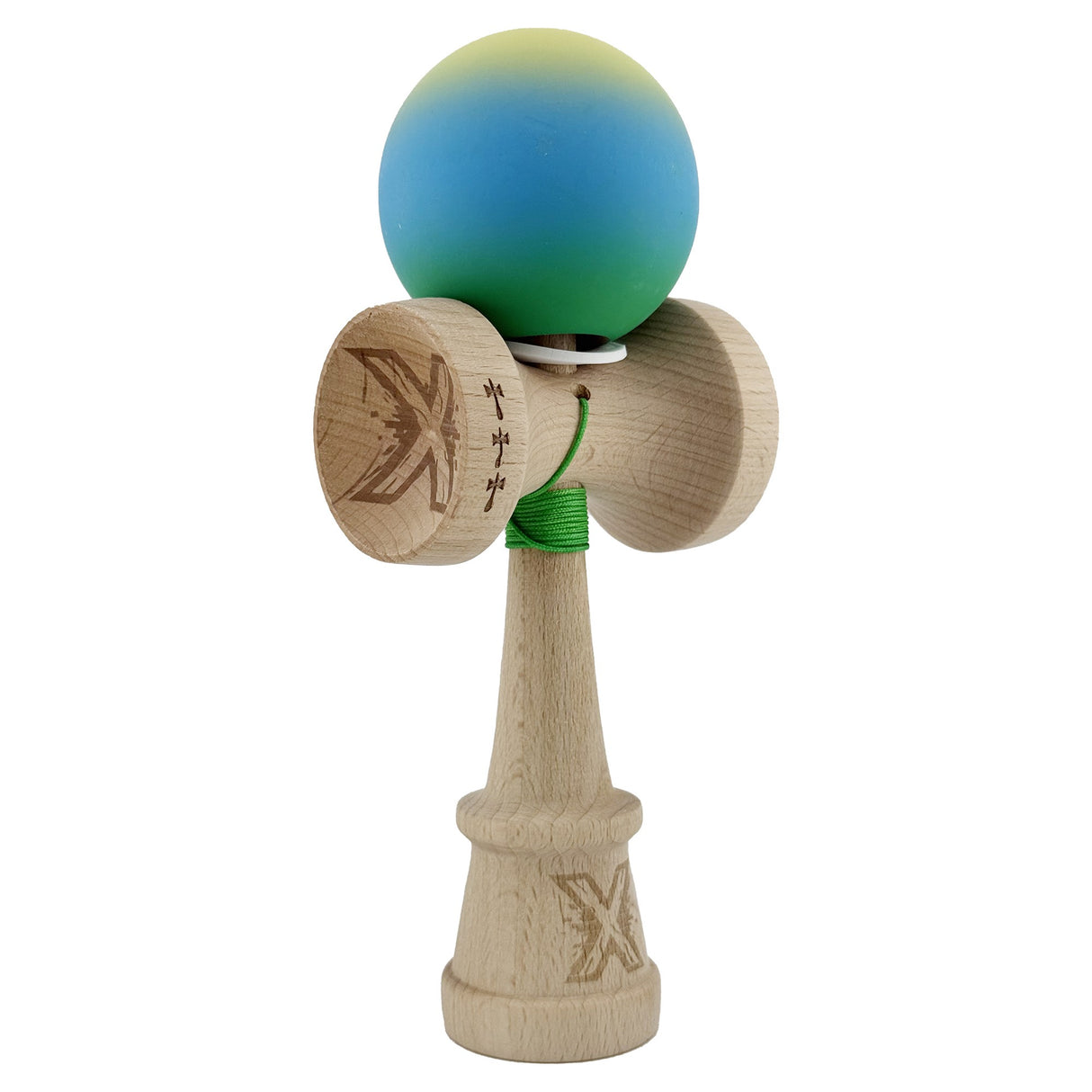 Kendama X Originala, Profesionala, Vivimall, Cupe Mari KING SIZE V3, Rubber Grip, Gaura in Baza, Rulment Metalic, din lemn 18 cm, Ata 55 cm, Gradient Galben/Albastru/Verde - vivimall.ro