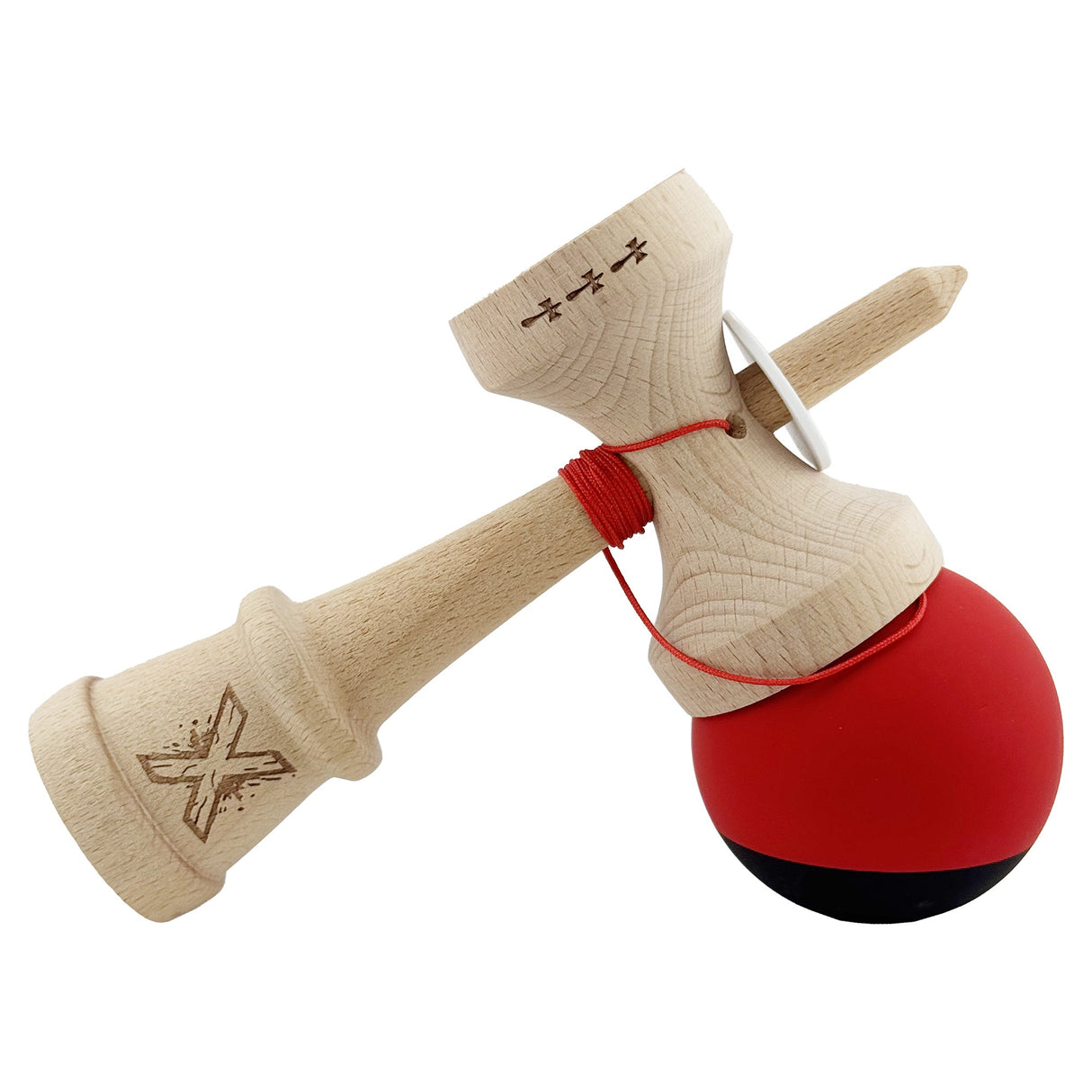 Kendama X Originala, Profesionala, Vivimall, Cupe Mari KING SIZE V3, Rubber Grip, Gaura in Baza, Rulment Metalic, din lemn 18 cm, Ata 55 cm, Bicolor Rosu/Negru - vivimall.ro