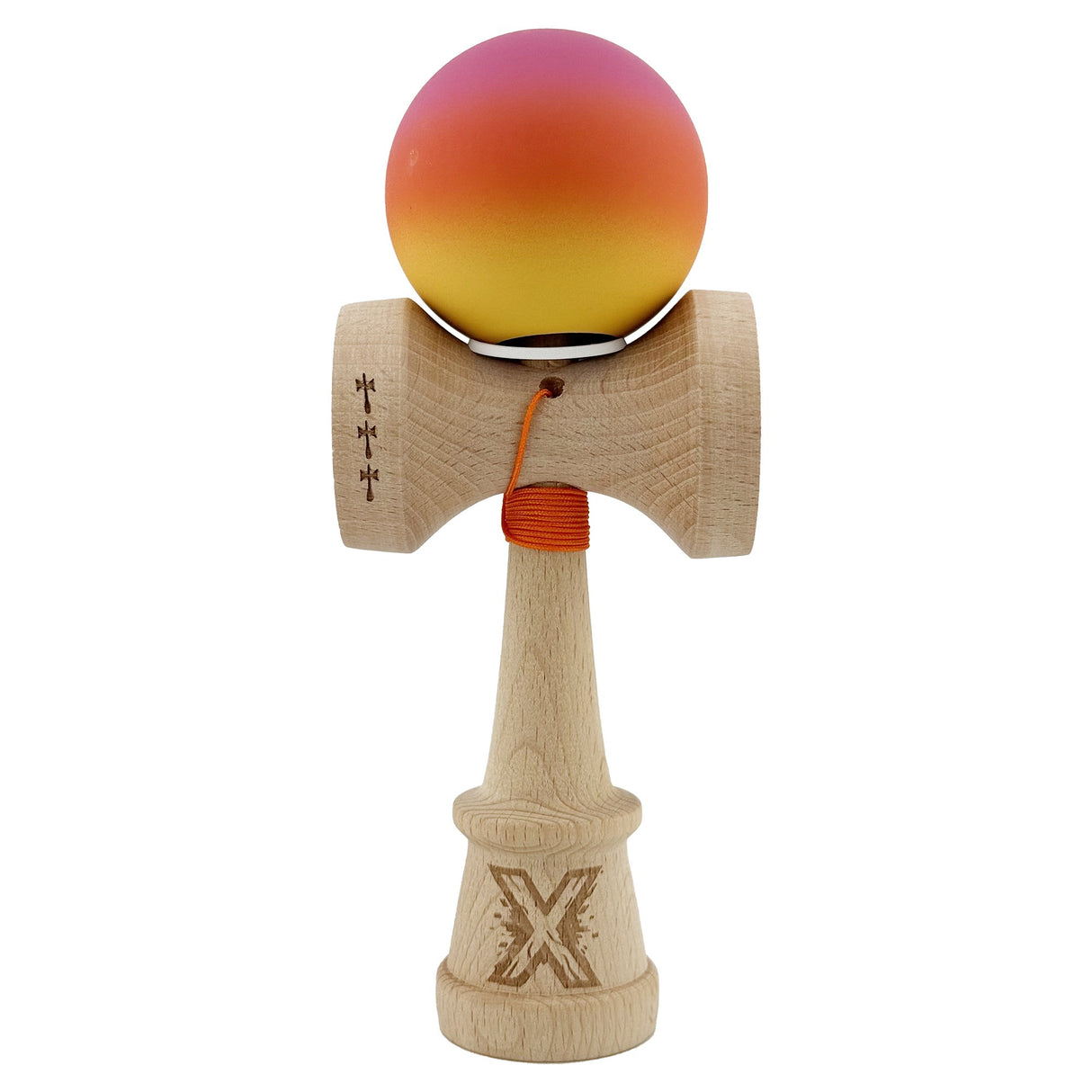 Kendama X Originala, Profesionala, Vivimall, Cupe Mari KING SIZE V3, Rubber Grip, Gaura in Baza, Rulment Metalic, din lemn 18 cm, Ata 55 cm, Gradient Roz/Rosu/Galben - vivimall.ro