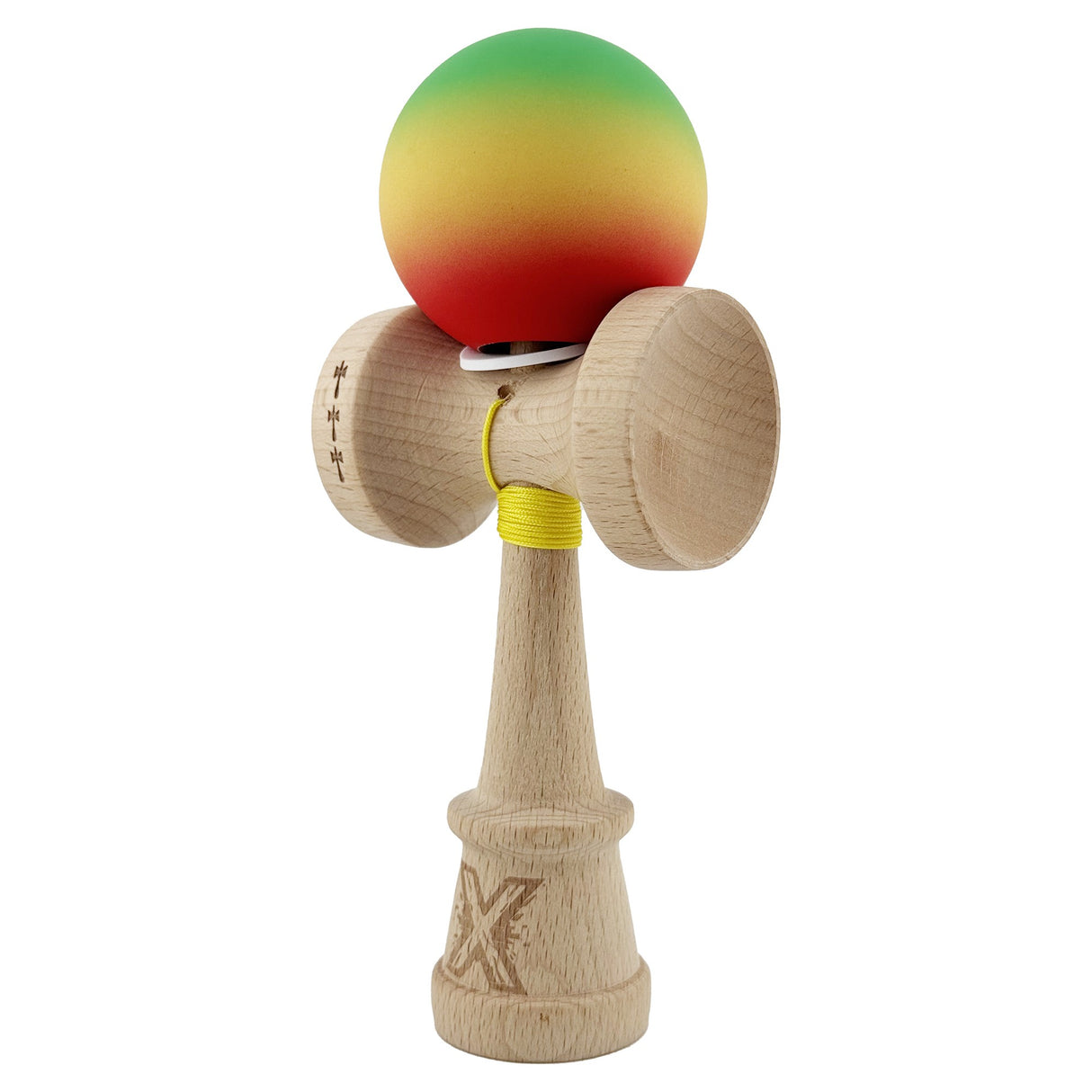 Kendama X Originala, Profesionala, Vivimall, Cupe Mari KING SIZE V3, Rubber Grip, Gaura in Baza, Rulment Metalic, din lemn 18 cm, Ata 55 cm, Gradient Verde/Galben/Rosu - vivimall.ro