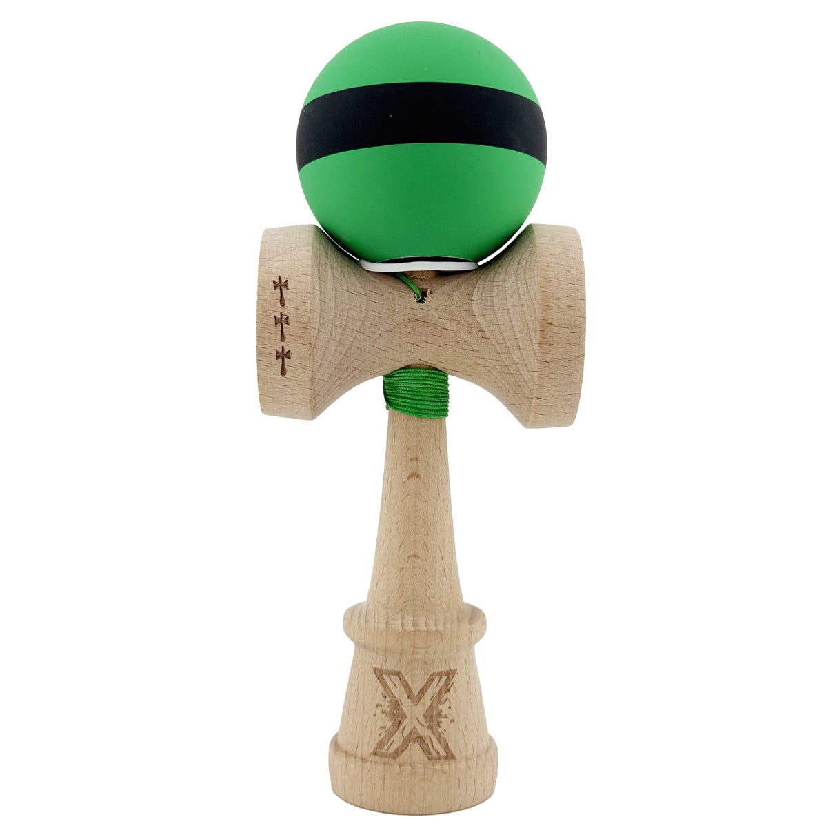 Kendama X Originala, Profesionala, Vivimall, Cupe Mari KING SIZE V3, Rubber Grip, Gaura in Baza, Rulment Metalic, din lemn 18 cm, Ata 55 cm, M Bicolor Verde Dublu/Negru - vivimall.ro