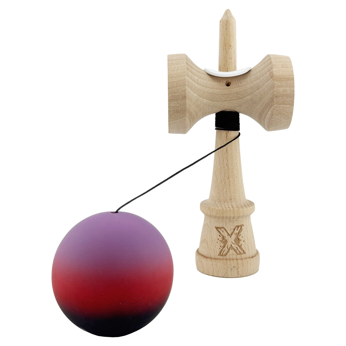 Kendama X Originala, Profesionala, Vivimall, Cupe Mari KING SIZE V3, Rubber Grip, Gaura in Baza, Rulment Metalic, din lemn 18 cm, Ata 55 cm, Gradient Mov/Rosu/Negru - vivimall.ro