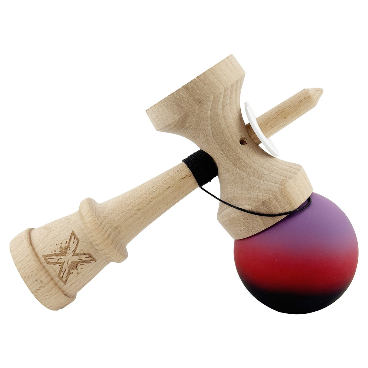 Kendama X Originala, Profesionala, Vivimall, Cupe Mari KING SIZE V3, Rubber Grip, Gaura in Baza, Rulment Metalic, din lemn 18 cm, Ata 55 cm, Gradient Mov/Rosu/Negru - vivimall.ro