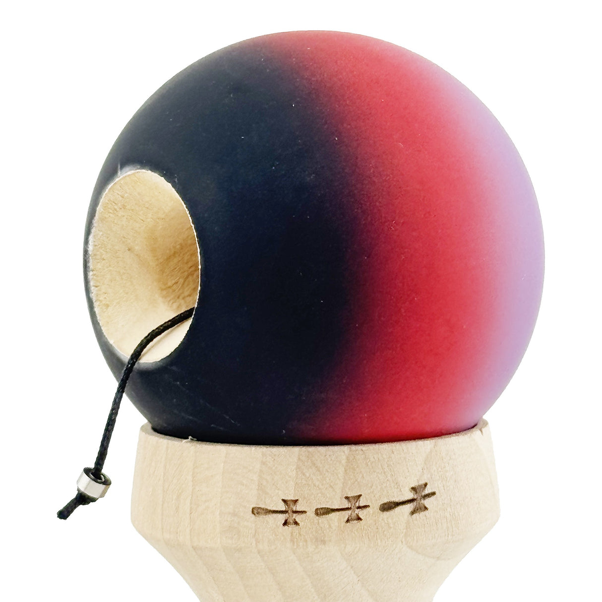 Kendama X Originala, Profesionala, Vivimall, Cupe Mari KING SIZE V3, Rubber Grip, Gaura in Baza, Rulment Metalic, din lemn 18 cm, Ata 55 cm, Gradient Mov/Rosu/Negru - vivimall.ro