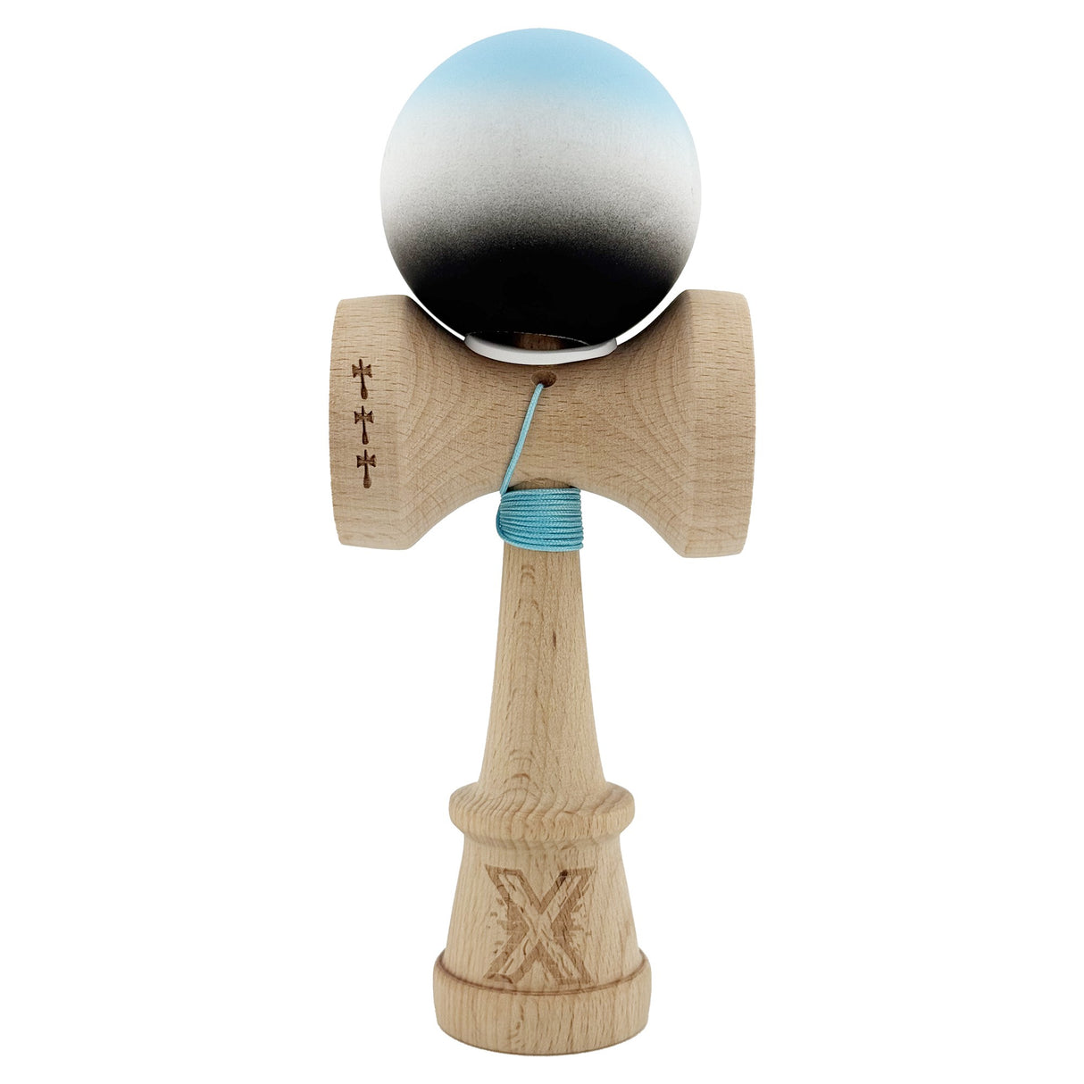 Kendama X Originala, Profesionala, Vivimall, Cupe Mari KING SIZE V3, Rubber Grip, Gaura in Baza, Rulment Metalic, din lemn 18 cm, Ata 55 cm, Gradient Albastru deschis/Alb/Negru - vivimall.ro