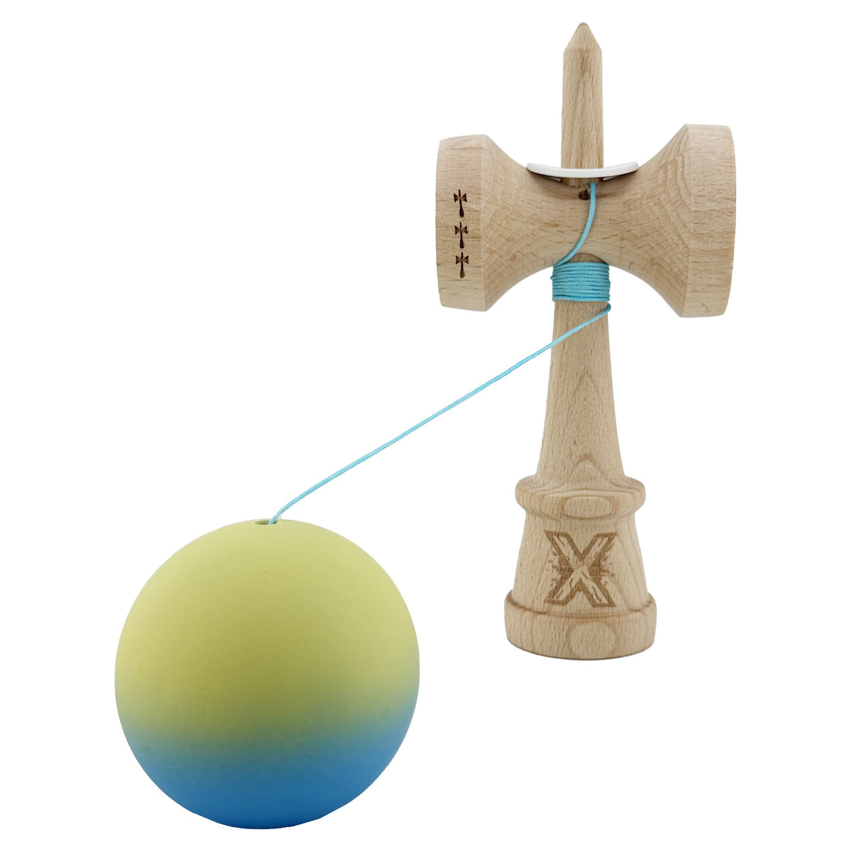 Kendama X Originala, Profesionala, Vivimall, Cupe Mari KING SIZE V3, Rubber Grip, Gaura in Baza, Rulment Metalic, din lemn 18 cm, Ata 55 cm, Gradient Galben/Albastru deschis - vivimall.ro