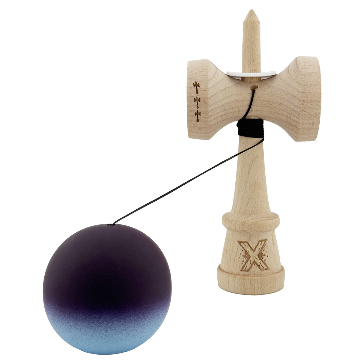 Kendama X Originala, Profesionala, Vivimall, Cupe Mari KING SIZE V3, Rubber Grip, Gaura in Baza, Rulment Metalic, din lemn 18 cm, Ata 55 cm, Gradient Negru/Albastru deschis - vivimall.ro