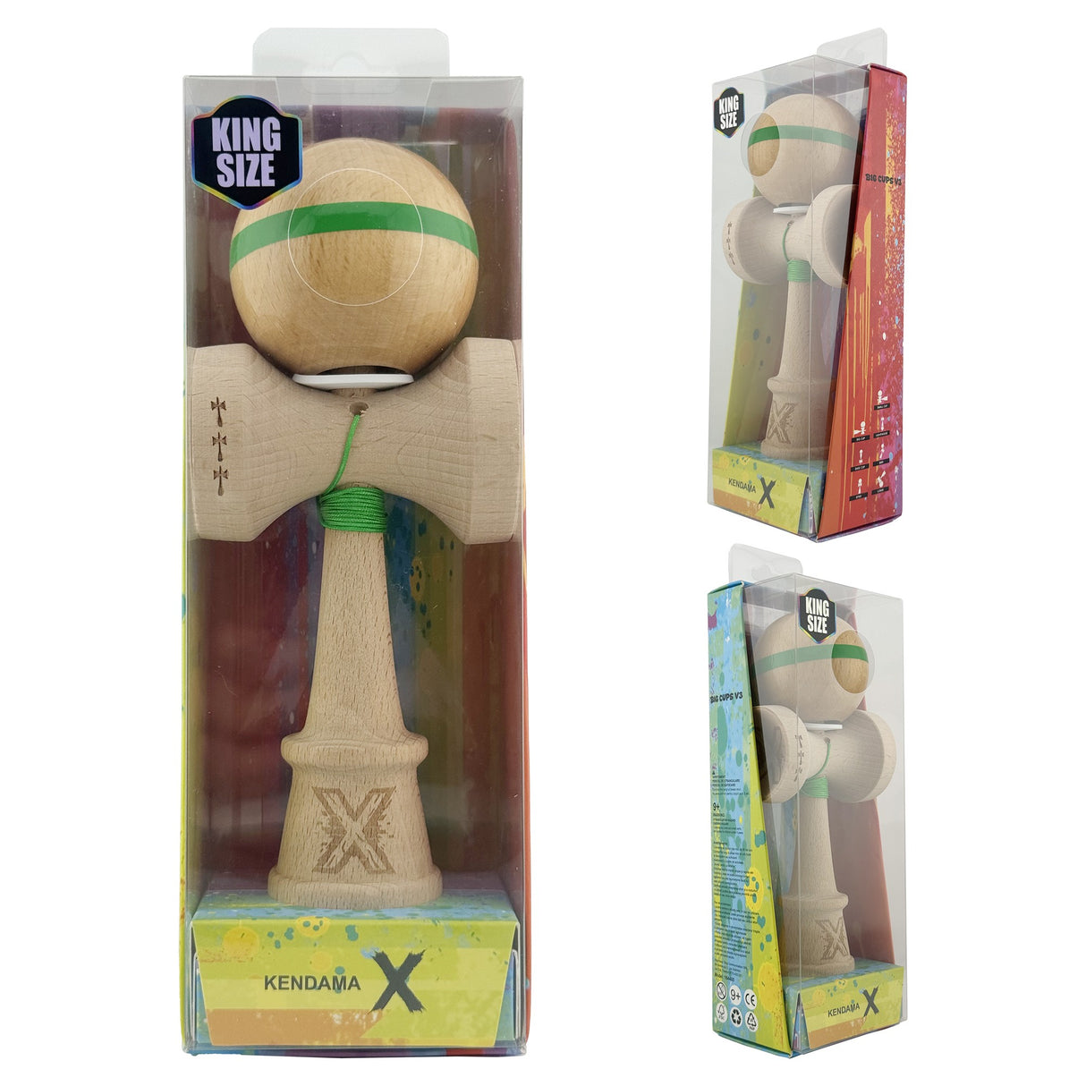 Kendama X Originala, Profesionala, Vivimall, Super Sticky, Cupe Mari KING SIZE V3, Gaura in Baza, Rulment Metalic, din lemn 18 cm, Ata 55 cm, Original Verde - vivimall.ro
