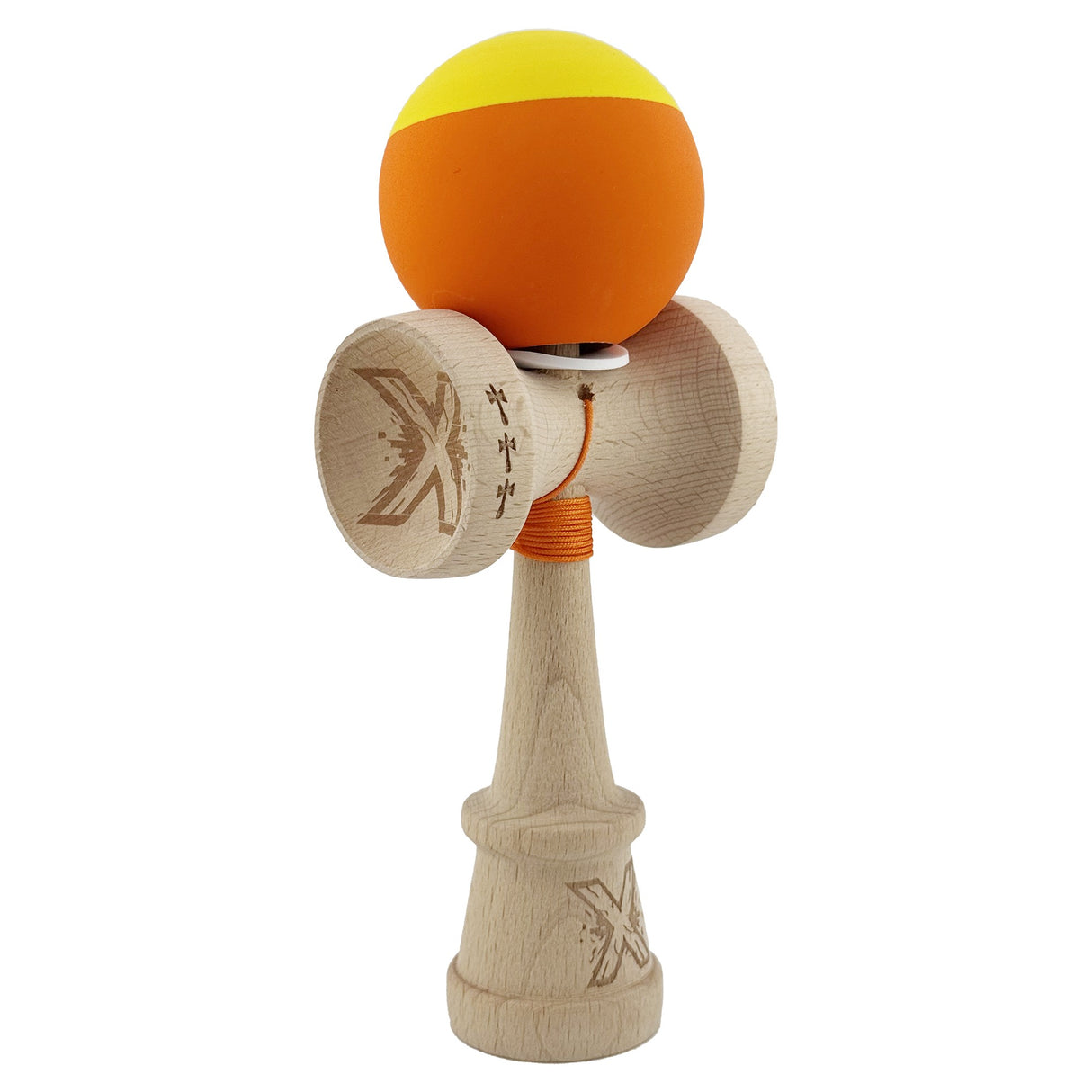 Kendama X Originala, Profesionala, Vivimall, Rubber Grip, Cupe Mari KING SIZE V3, Gaura in Baza, Rulment Metalic, din lemn 18 cm, Ata 55 cm, Bicolor Galben/Portocaliu - vivimall.ro