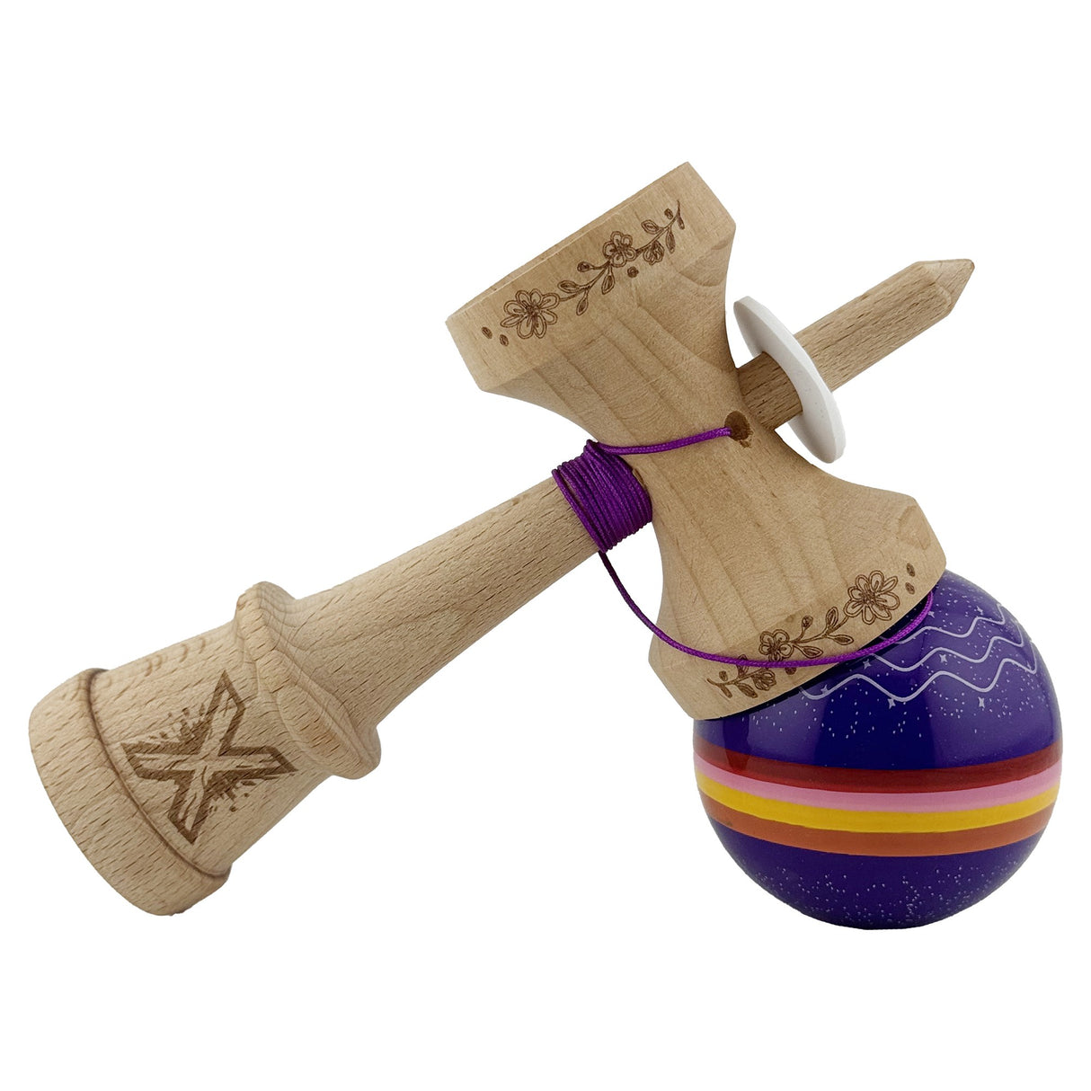 Kendama X Originala, Profesionala, Flippy, NIGHT SKY, Super Sticky cu Cupe Mari KING SIZE V3, Gaura in Baza, Rulment Metalic, din lemn 18 cm, Ata 62/65 cm, Mov - vivimall.ro