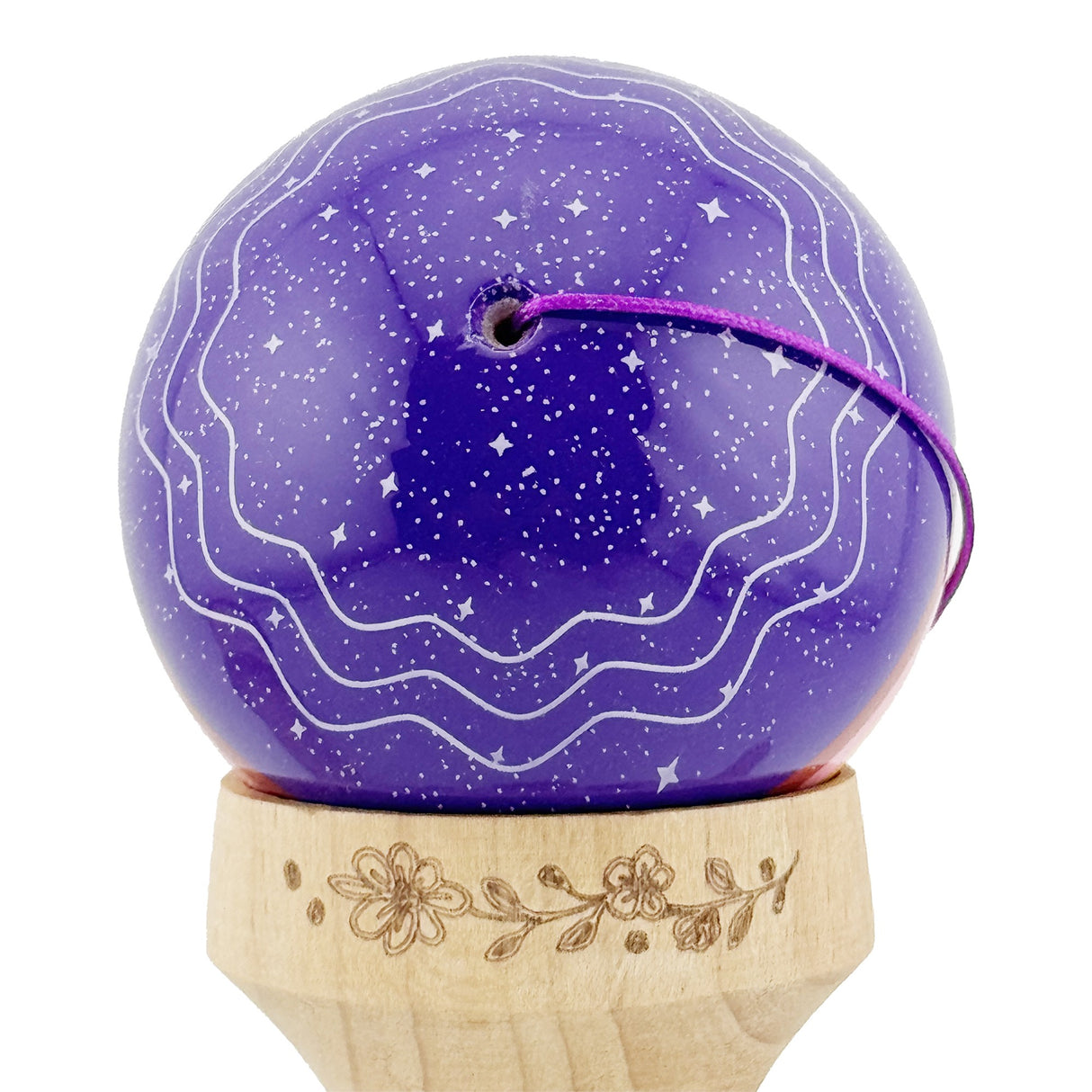 Kendama X Originala, Profesionala, Flippy, NIGHT SKY, Super Sticky cu Cupe Mari KING SIZE V3, Gaura in Baza, Rulment Metalic, din lemn 18 cm, Ata 62/65 cm, Mov - vivimall.ro