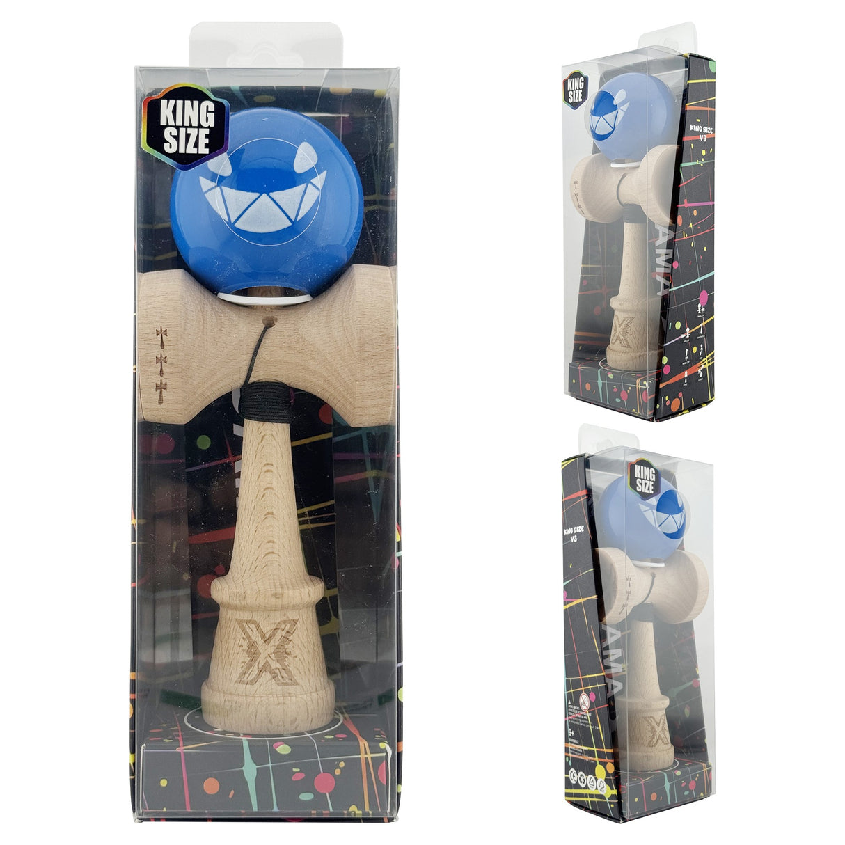 Kendama X Originala, Profesionala, Vivimall, Crazy Smile, Super Sticky cu Cupe Mari KING SIZE V3, Gaura in Baza, Rulment Metalic, din lemn 18 cm, Ata 62/65 cm, Special Albastru - vivimall.ro