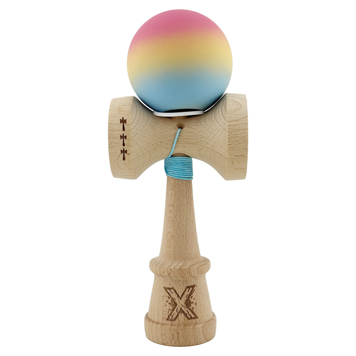 Kendama X Originala, Profesionala, Vivimall, Cupe Mari KING SIZE V3, Rubber Grip, Gaura in Baza, Rulment Metalic, din lemn 18 cm, Ata 55 cm, Gradient Roz/Galben/Albastru deschis - vivimall.ro