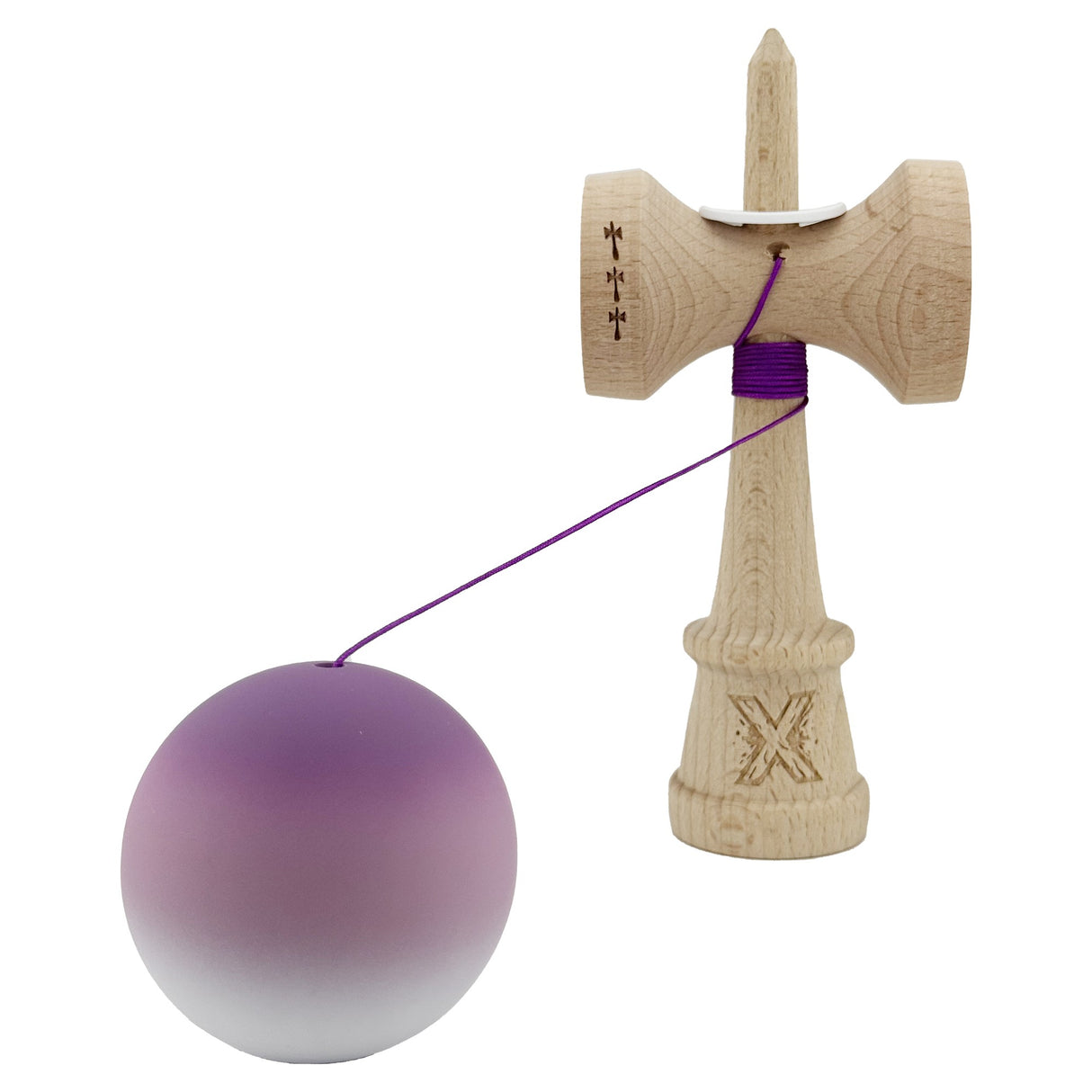 Kendama X Originala, Profesionala, Vivimall, Cupe Mari KING SIZE V3, Rubber Grip, Gaura in Baza, Rulment Metalic, din lemn 18 cm, Ata 55 cm, Gradient Mov/Alb - vivimall.ro