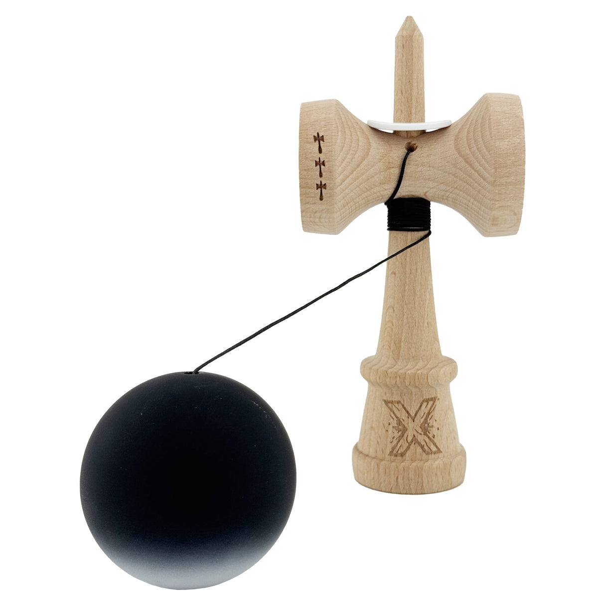 Kendama X Originala, Profesionala, Flippy, Cupe Mari KING SIZE V3, Rubber Grip, Gaura in Baza, Rulment Metalic, din lemn 18 cm, Ata 55 cm, Gradient Negru/Alb - vivimall.ro